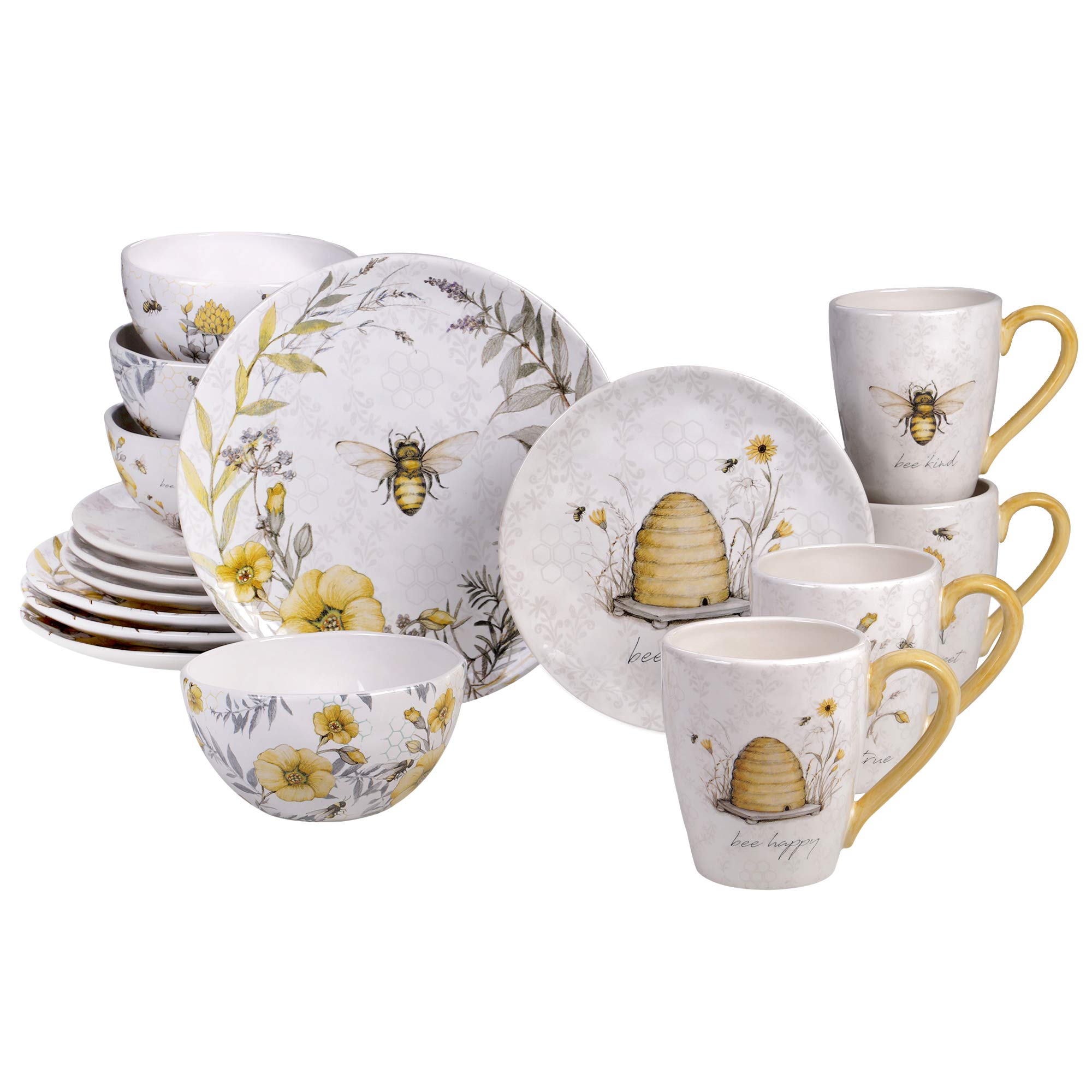 Bee Sweet 16-Piece Dinnerware Set - Service for 4 People - Porcelain Dinner Plates, Salad Plates, Bowls & Mugs - Elegant Tableware for Family Dinners, Parties & Holiday Gatherings