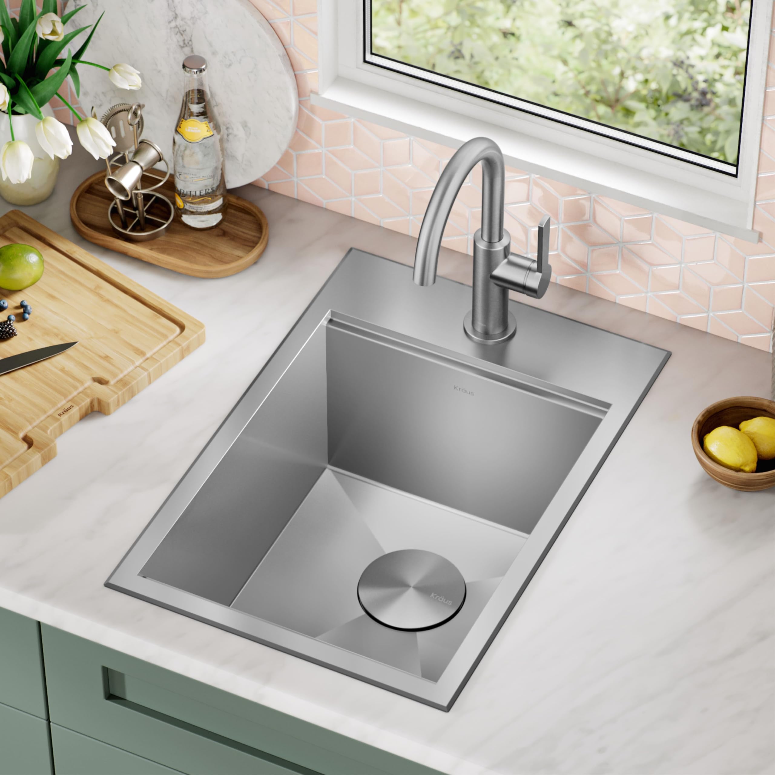 KRAUS Kore 15-Inch Drop-In/Top Mount Stainless Steel Kitchen Sink - 16 Gauge Single Bowl Bar Prep Sink with Accessories (Model KWT311-15) - Perfect for Small Kitchens, Bars & Food Prep Stations