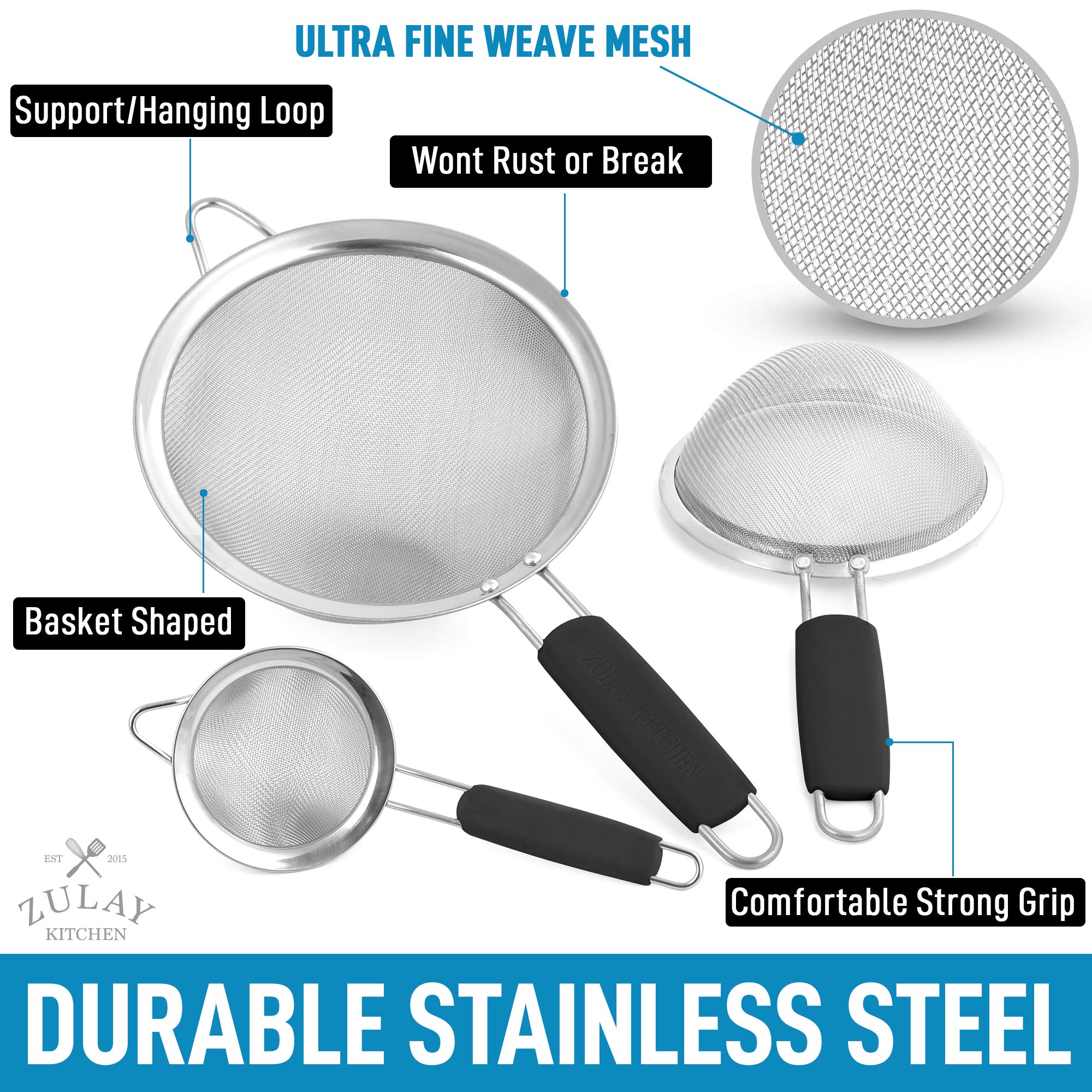 Premium Stainless Steel Fine Mesh Strainer Set - 3 Sizes for Kitchen Use