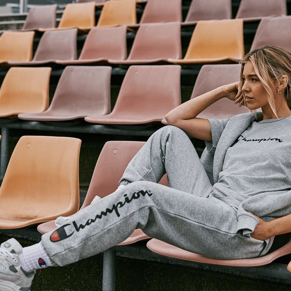 Champion Women's High Waist Script Logo Track Pants - Grey Athletic Joggers for Running, Gym & Casual Wear
