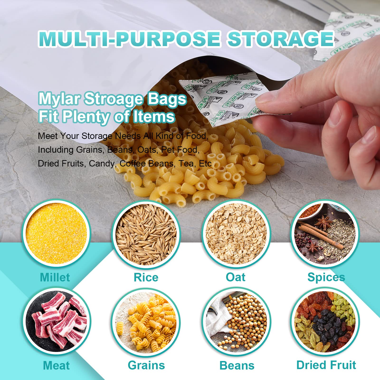 50pcs 1 Gallon Mylar Bags for Food Storage with Oxygen Absorbers 500CC (6 Packs of 10pcs) and Labels - 9.5 Mil 10