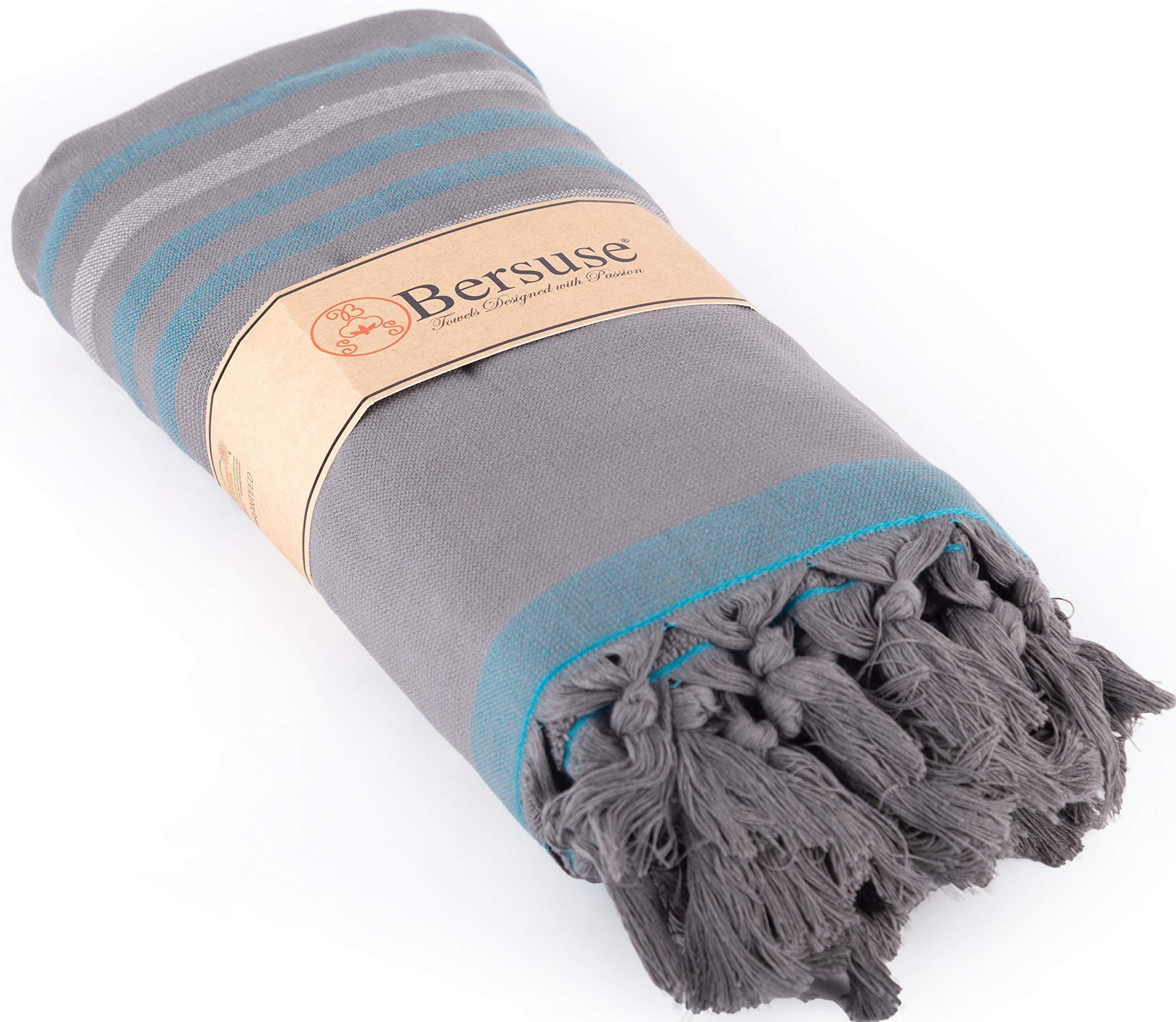 Bersuse 100% Cotton Turkish Peshtemal Towel Set of 3 - Lightweight, Quick-Dry, Absorbent Bath & Beach Towels 35x67 Inches, Anthracite - Perfect for Travel, Spa, Yoga & Poolside Use