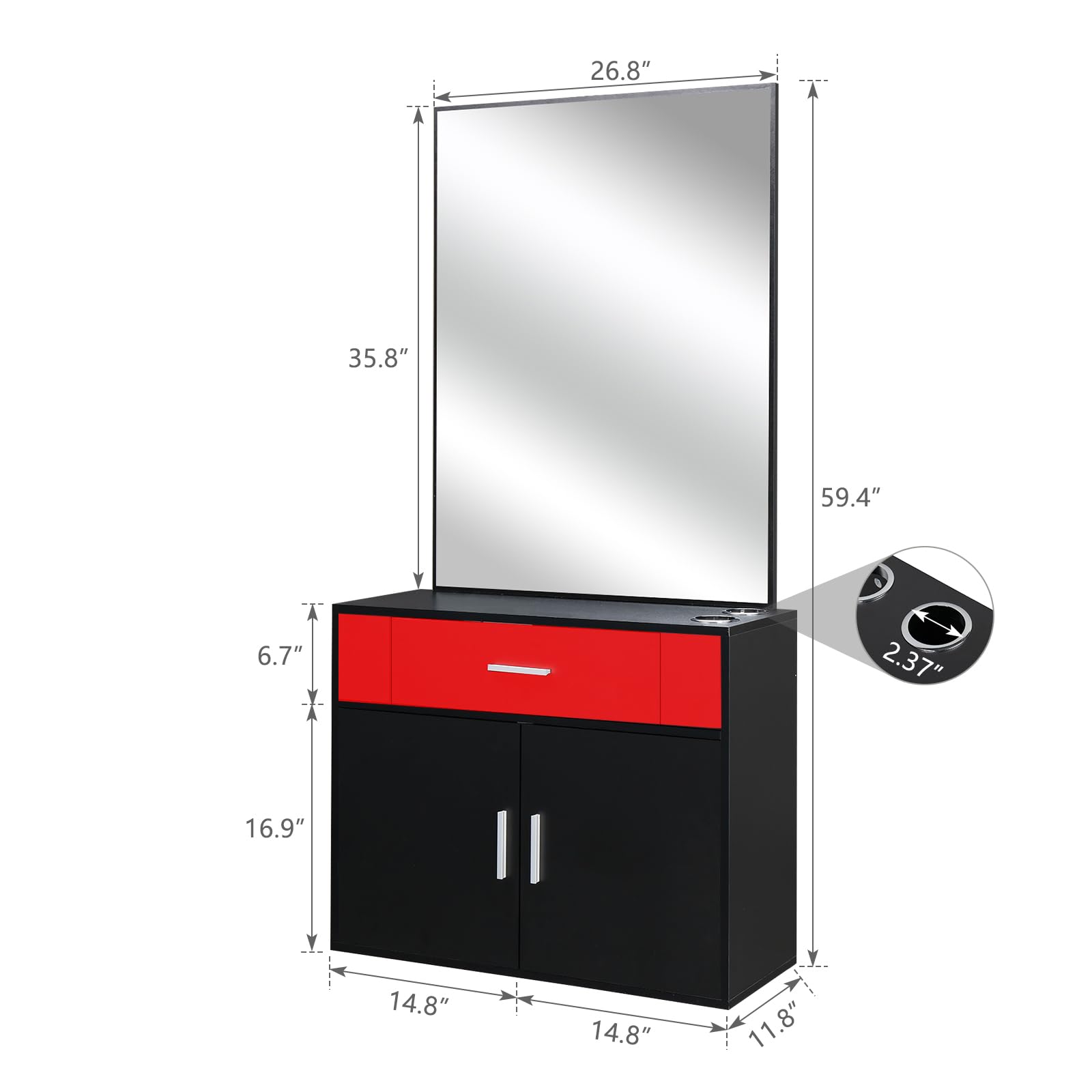 Professional Wall Mount Barber Salon Station - Hair Styling Equipment Set with Mirror, 2 Hair Dryer Holders, Drawer & Door - Beauty Spa Furniture for Barbershops & Salons (Red) - Perfect for Small Spaces & Home Use
