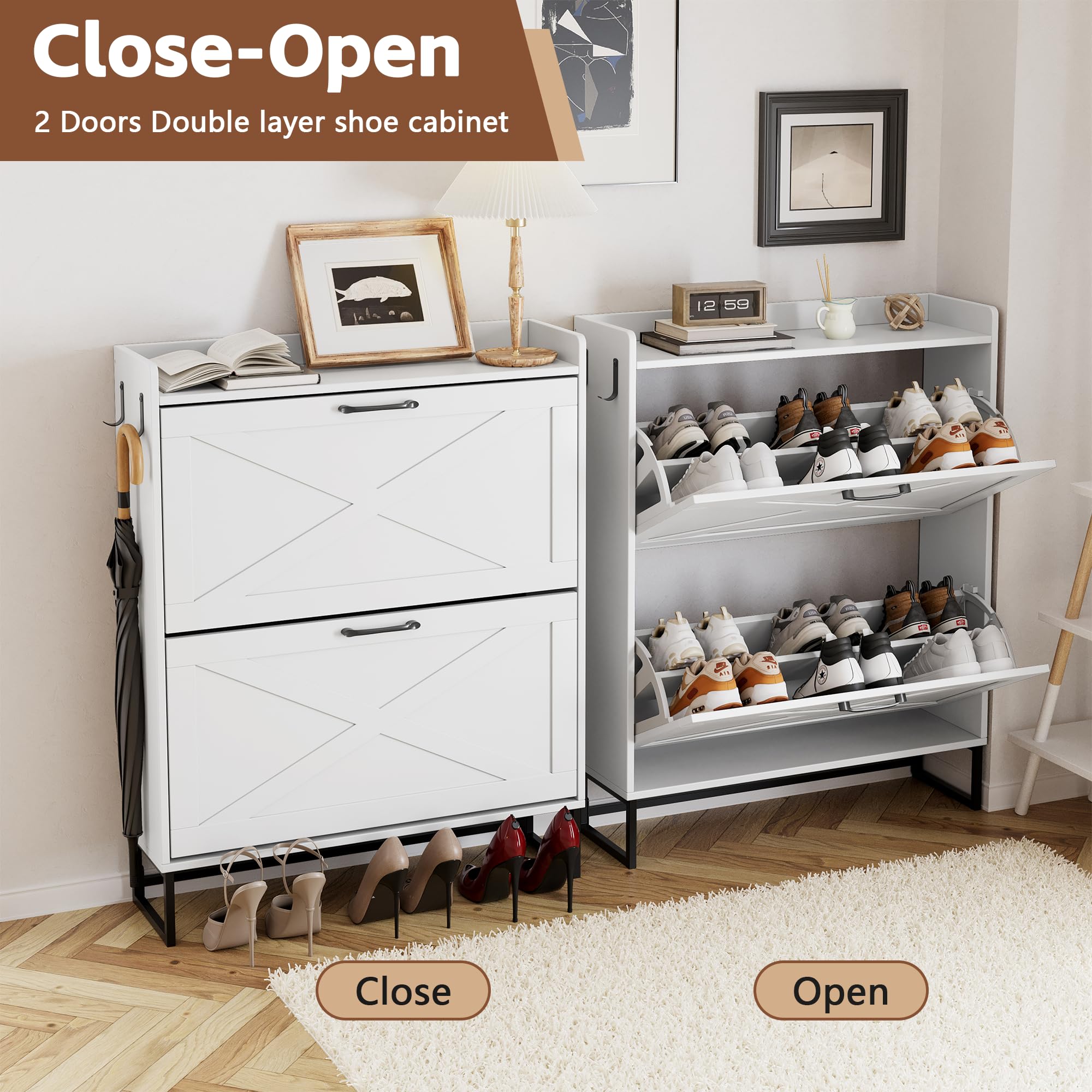 Hidden Shoe Storage Cabinet with 2 Rattan Flip Drawers & Adjustable Shelves - Entryway Shoe Organizer for Hallway, Closet | Perfect for Small Spaces & Apartment Living