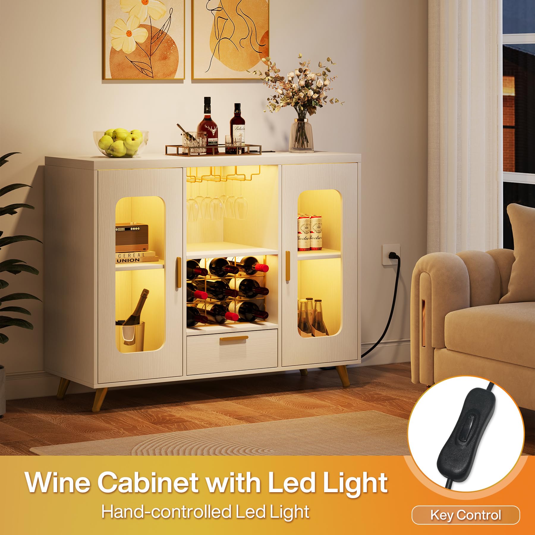 Modern LED Wine Bar Cabinet with Power Outlet - Coffee & Liquor Storage with Built-in Wine Rack & Glass Holder - White Buffet Sideboard for Dining Room, Living Room, Kitchen - Perfect for Home Entertaining & Stylish Storage