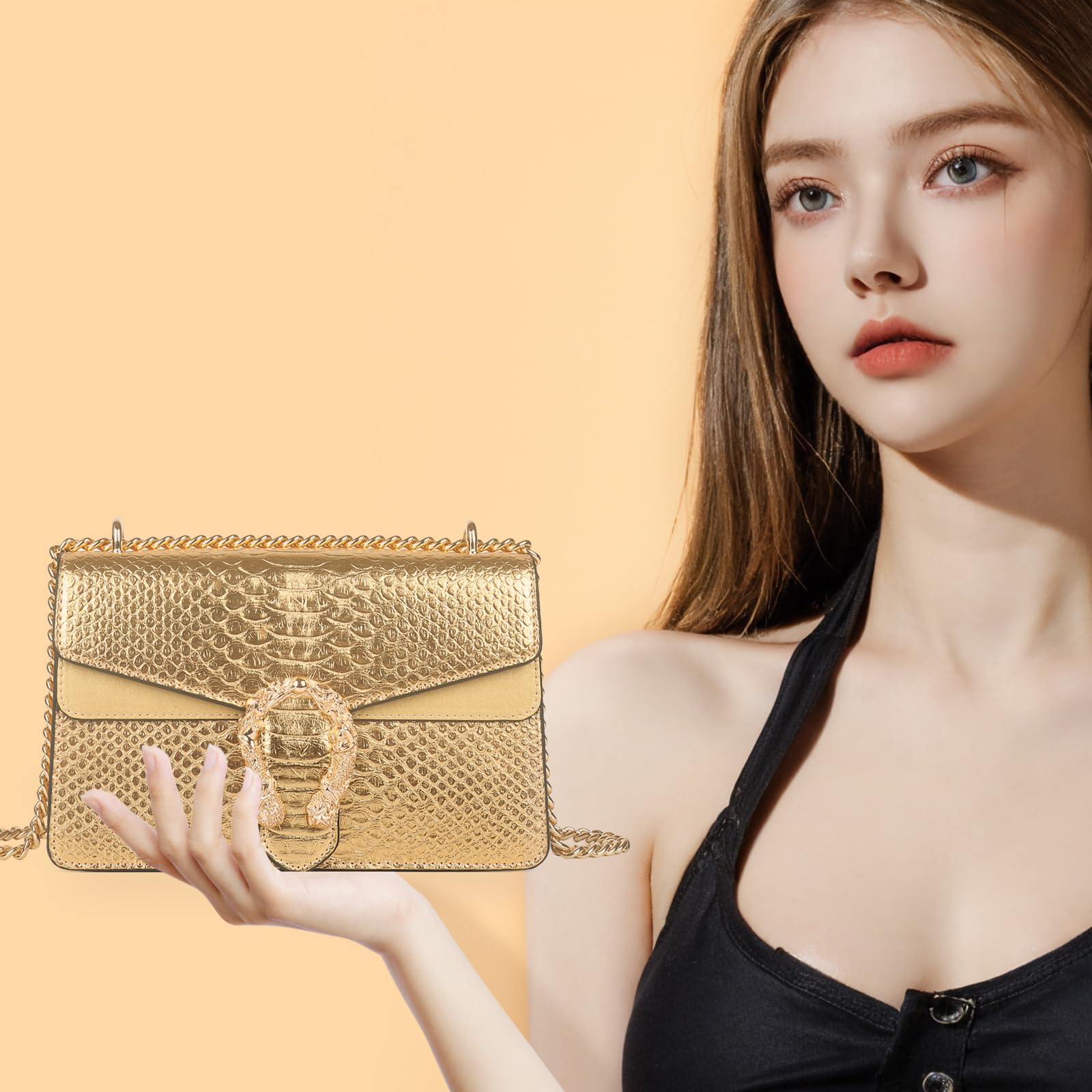 Aiqudou Women's Crossbody Bag & Satchel Purse - Fashion Snake Print Chain Shoulder Bag, Luxury PU Leather Handbag for Daily Use, Work, Travel & Shopping