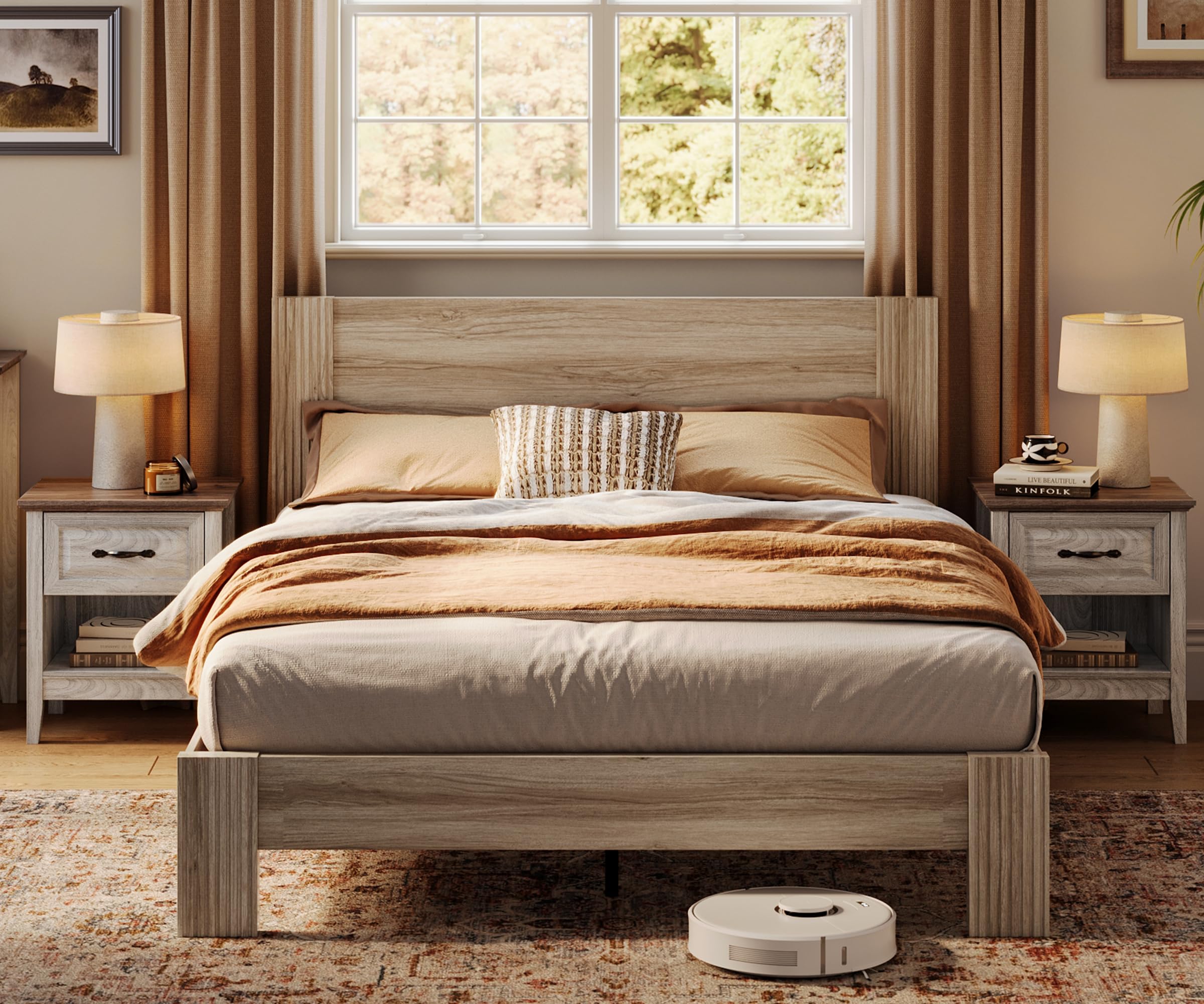 LINSY 3-Piece Farmhouse Bedroom Set - Queen Size Wood Bed Frame with Headboard & 2 Nightstands - Beige Distressed Wood Furniture for Rustic Home Decor - Perfect for Master Bedroom, Guest Room or Vacation Home