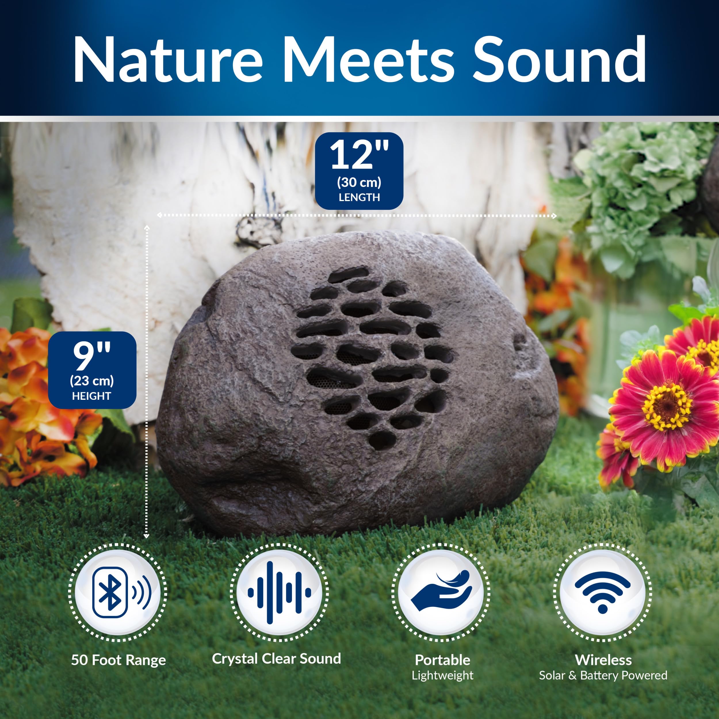Alpine Corporation Waterproof Bluetooth Solar-Powered Outdoor Wireless Rock Speakers (Set of 2) – 50ft Range, Durable Wireless Sound System for Patio, Garden, Yard & Pool – Perfect for Outdoor Parties, BBQs & Backyard Relaxation