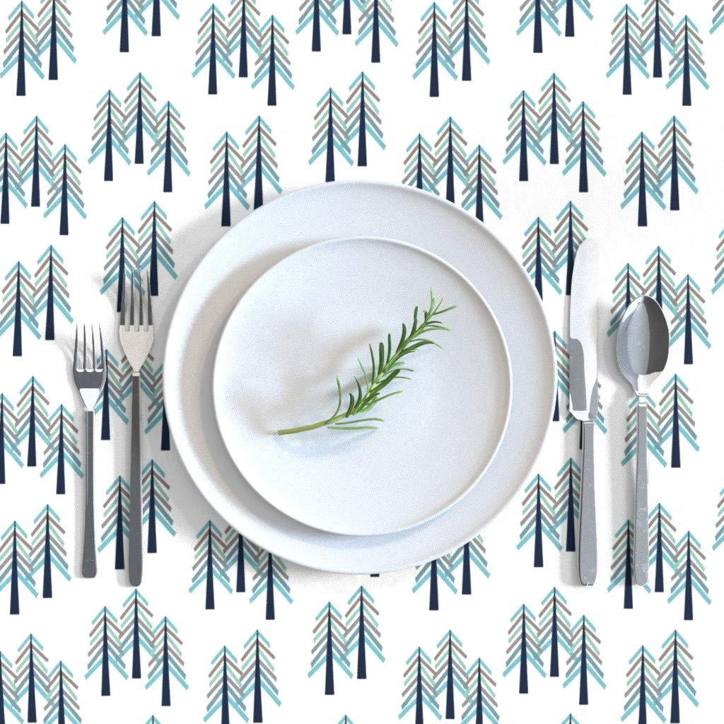 Custom Winter Woodland Christmas Trees Blue White Pine Forest Scandi Style Cotton Sateen Tablecloth 70x90 Inches - Perfect for Holiday Dining, Baby Boy Nursery Decor & Scandinavian-Themed Parties