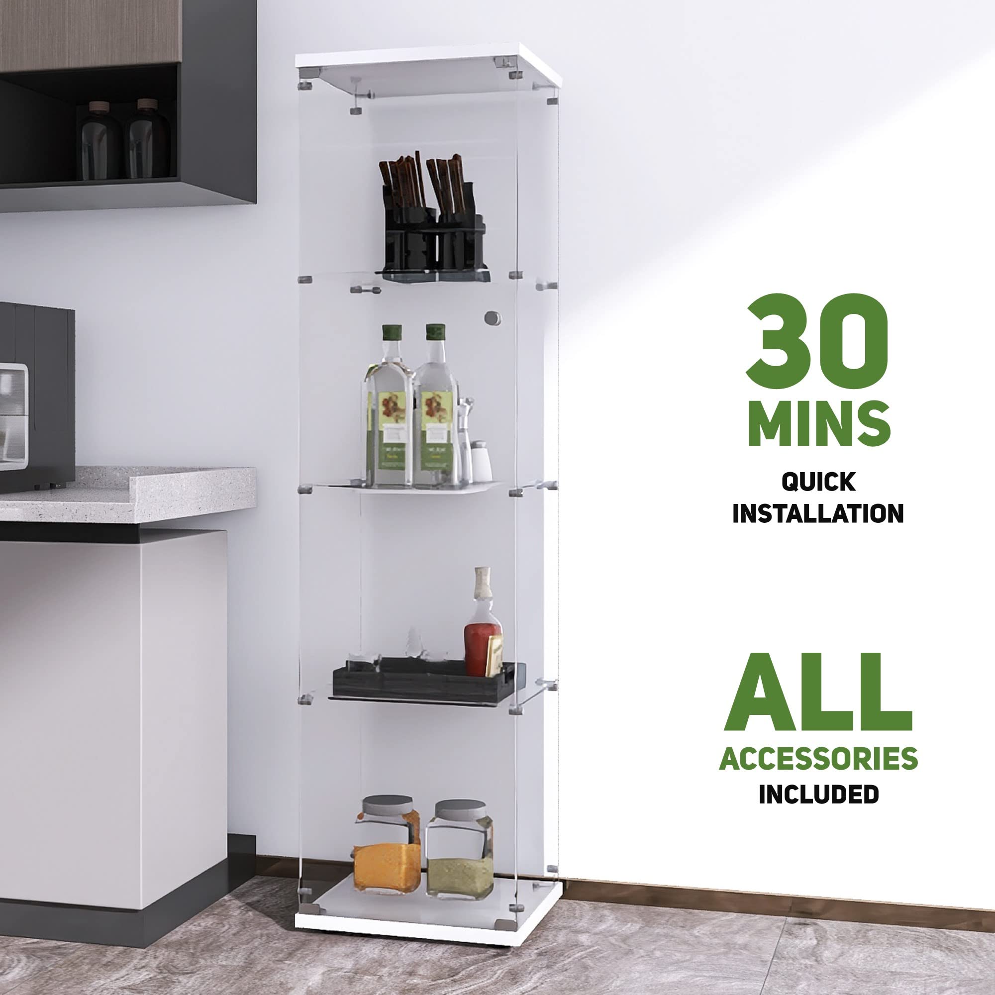 Beauty4U 4-Shelf Glass Display Cabinet - White Floor Standing Curio Cabinet for Living Room, Bedroom & Office - Quick Assembly Glass Bookshelf for Collectibles, Decor & Storage