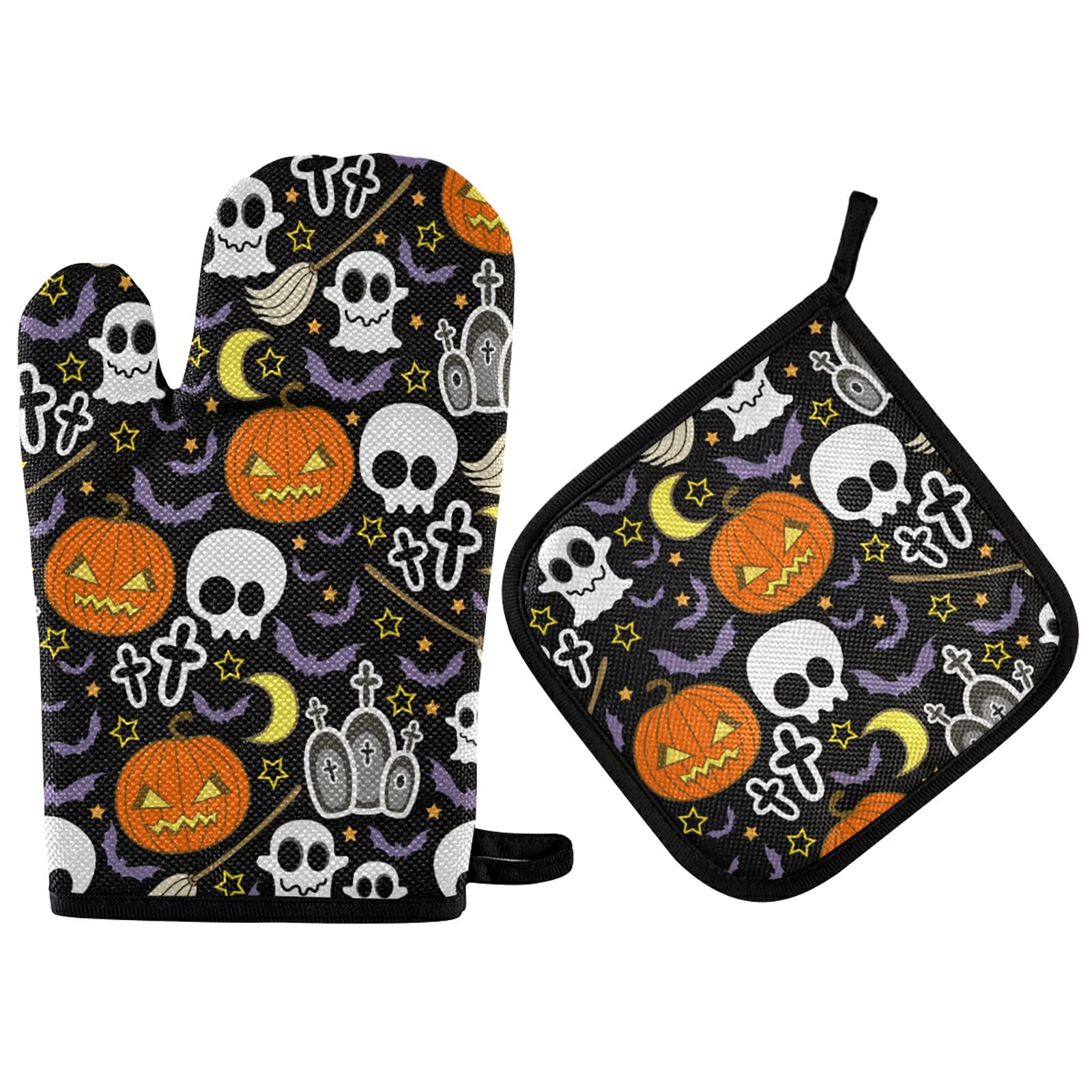Aflyko Halloween Oven Mitts & Pot Holder Set - Jack-O-Lantern, Cute Ghost, Skull & Moon Designs - Heat Resistant Kitchen Gloves for Baking, BBQ, Grilling - Perfect for Day of The Dead Decor, Halloween Party & Holiday Gifts