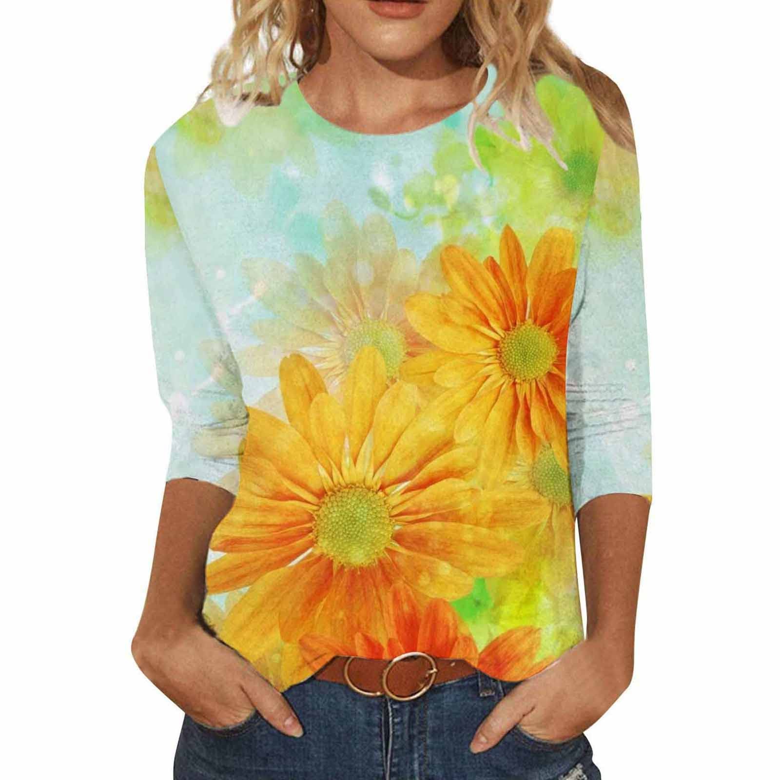 Women's Casual Summer Printed Crew Neck T-Shirt - Long Sleeve Cotton Top for Everyday Wear, Office, and Outings