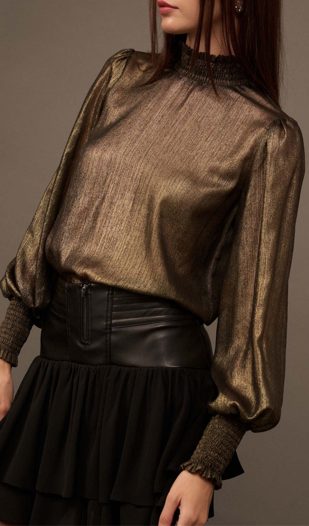 Golden Age Metallic Bishop Sleeve Mock Neck Top for Women - Elegant Blouse for Office Wear, Date Night & Special Occasions
