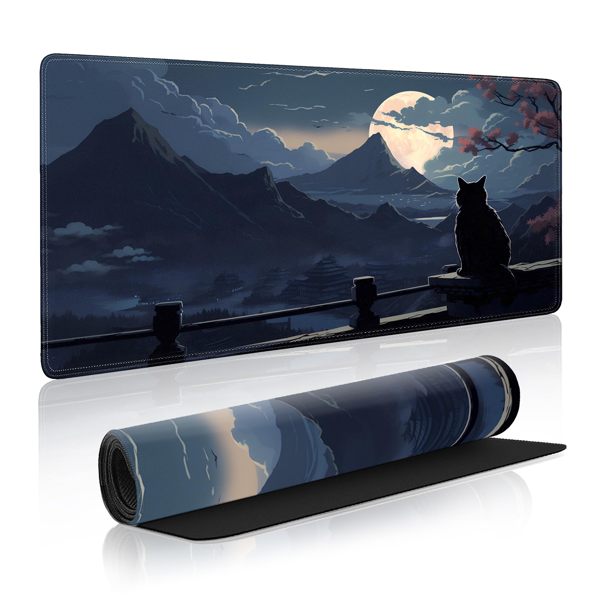 Moon Cat XXL Gaming Mouse Pad (31.5x15.7 Inch) - Extra Large Non-Slip Desk Mat with Stitched Edges for PC, Laptop, Office & Home Use - Cute Black Extended Keyboard Mousepad for Gamers & Work