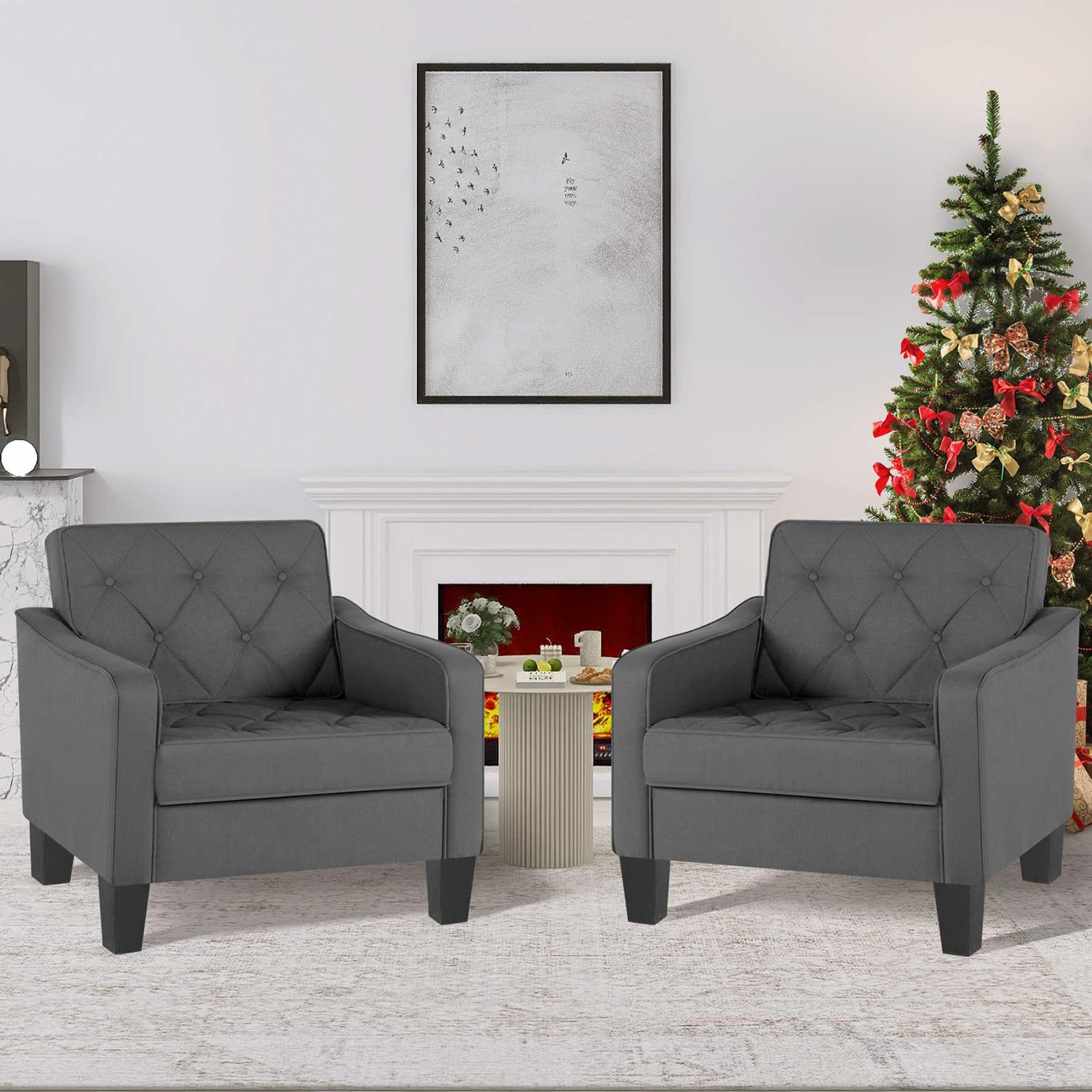 STHOUYN 2-Piece Grey Tufted Accent Chairs Set - Modern Living Room Armchairs, Comfortable Club Chairs for Bedroom, Office & Small Spaces - Perfect for Reading, Waiting Areas & Home Decor