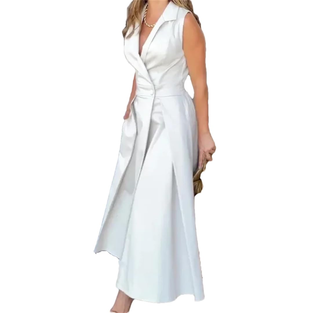 Sexy V-Neck Sleeveless High Waist Swing Maxi Dress for Women - Summer Solid Color Elegant Commuter Dress - Perfect for Beach, Office & Date Night