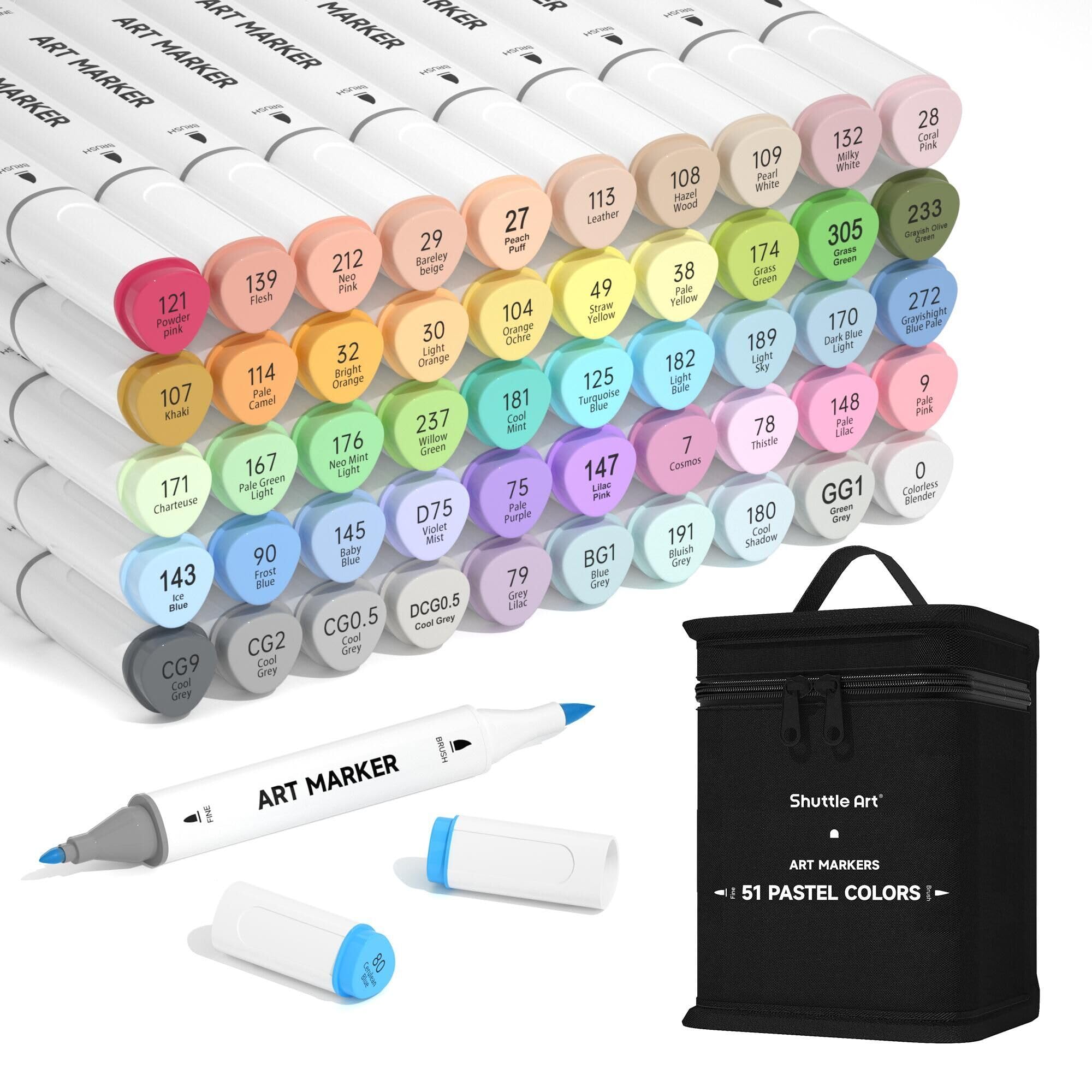 Shuttle Art 50 Colors Pastel Alcohol Markers Set - Dual Tip Brush & Fine Tip Art Markers with Blender Pen | Premium Alcohol-Based Markers for Illustration, Coloring, Sketching | Perfect for Artists, Students, Adults | Great for Bullet Journaling, Manga Art, Adult Coloring Books