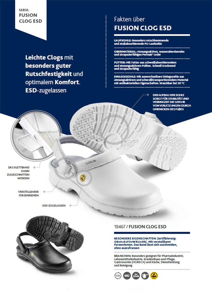 SIKA 19467 Fusion ESD Anti-Slip Clog Shoes - Non-Slip Work Shoes for Pharmaceutical, Food Industry, Hospital, Healthcare, Catering (HORECA), Kitchen Staff, Service & Cleaning Professionals - Ideal for Wet & Slippery Work Environments