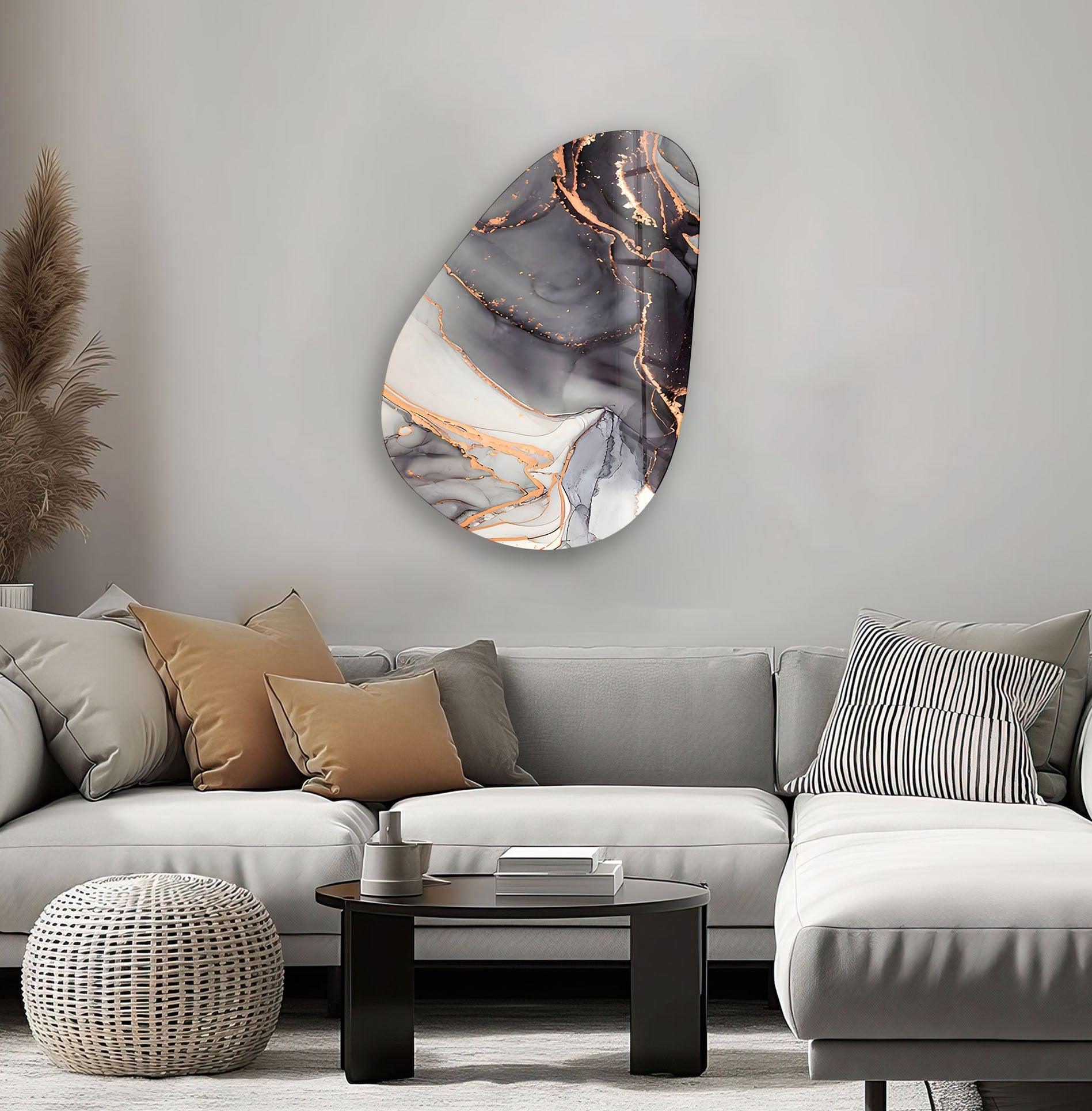 Asymmetrical Oval Black White Golden Glass Wall Art - Modern Abstract Home Decor for Living Room, Bedroom, Office | Unique Handmade Glass Artwork