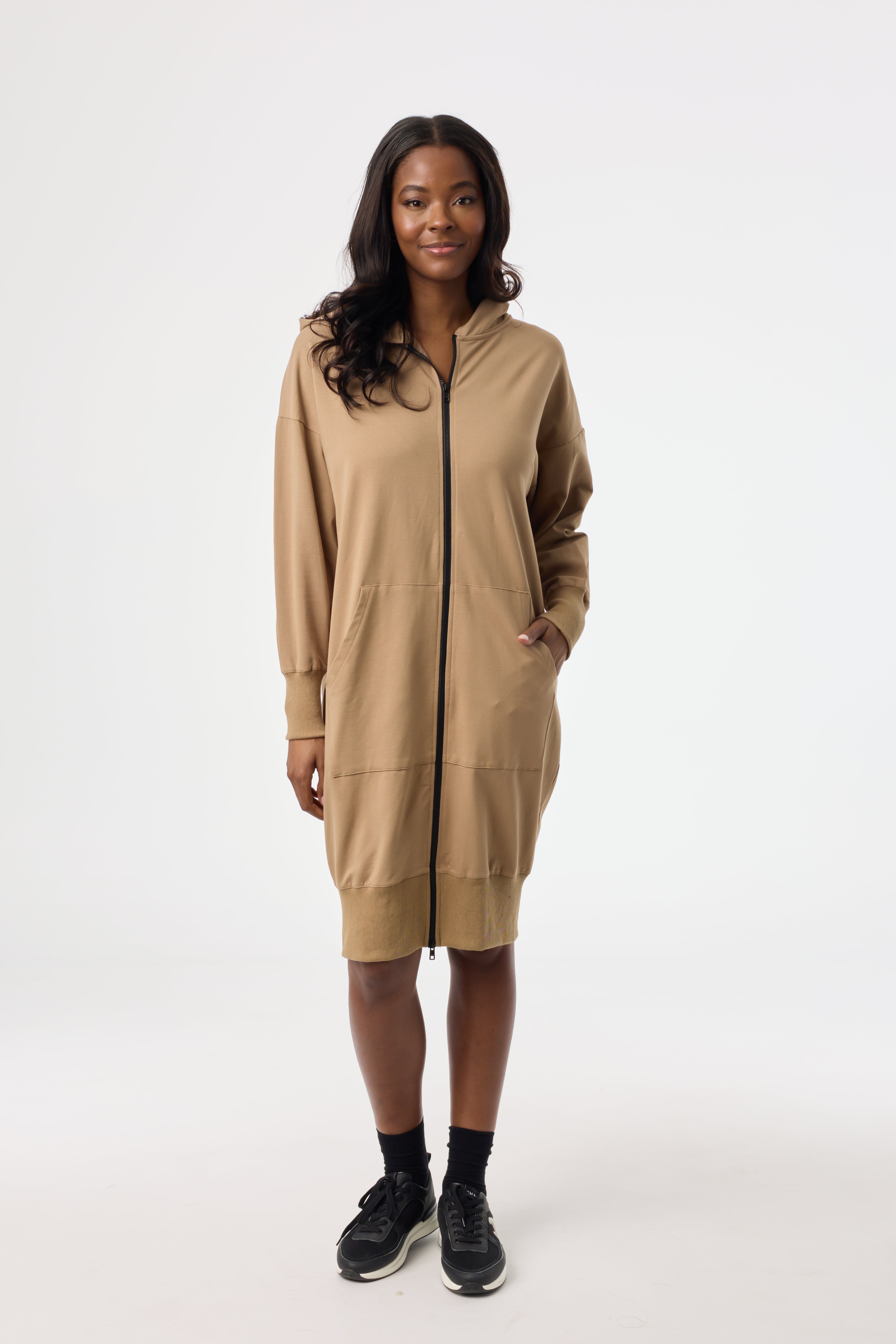 Brown Zipper Sweatshirt Dress for Women - Cozy Casual Pullover Hoodie Dress with Front Pocket | Perfect for Loungewear, Streetwear & Fall Fashion