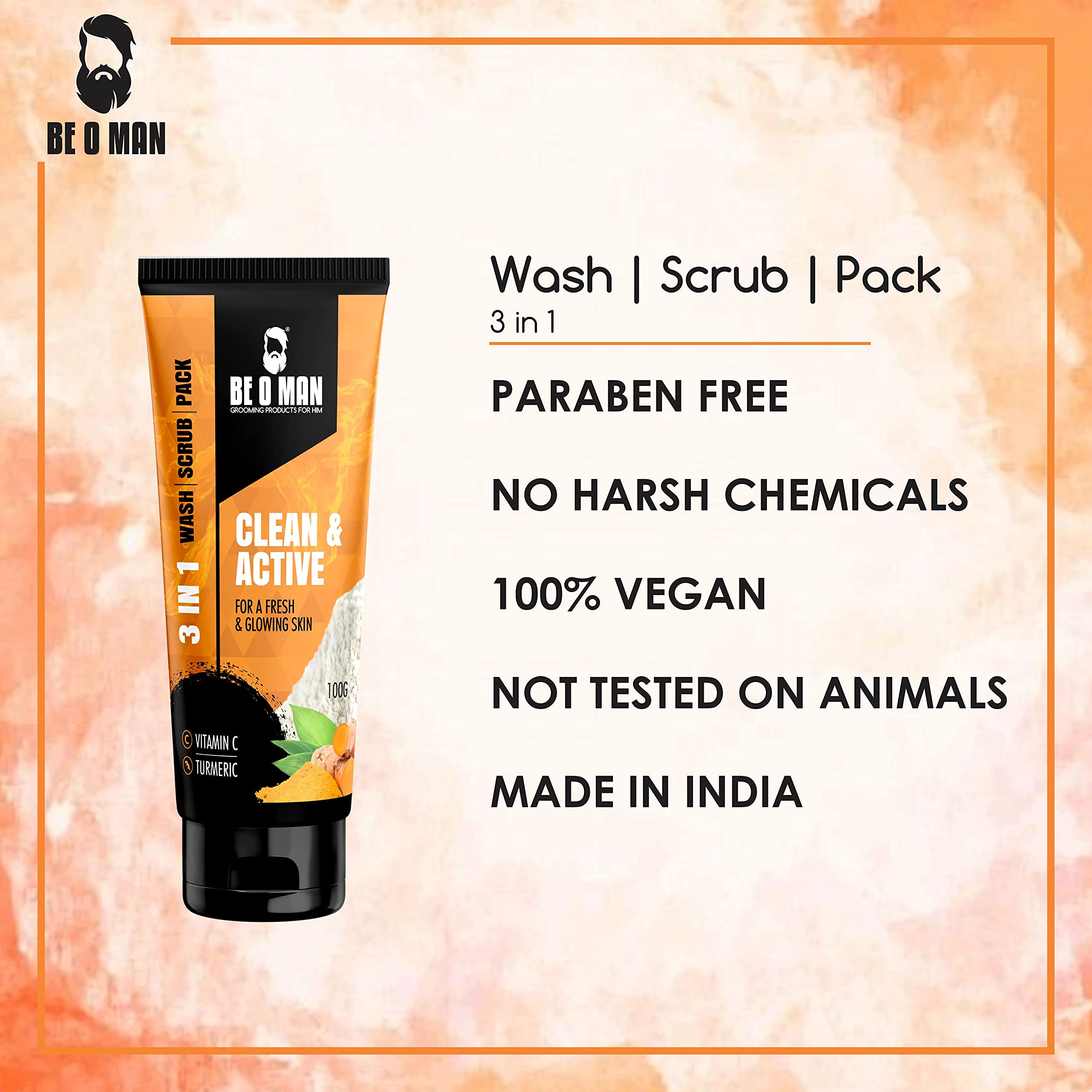 Beoman 3-in-1 Face Wash Scrub & Mask for Men - Vitamin C, Turmeric & Charcoal Cleanser (100g) | Deep Pore Cleansing, Exfoliating & Brightening | Removes Dirt, Oil & Impurities for Healthier Glowing Skin | Perfect for Daily Skincare & Post-Workout Refresh