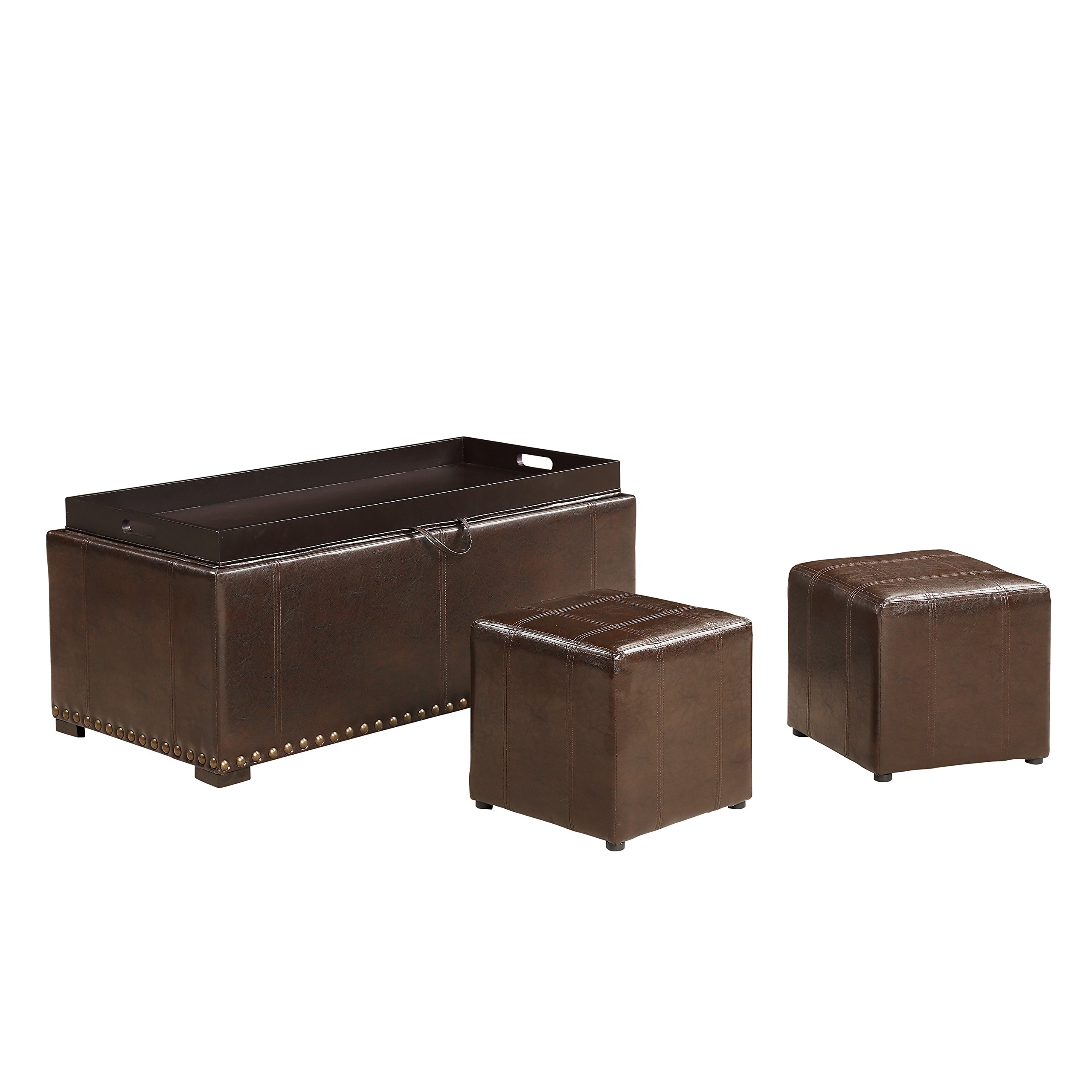 Benjara Brown Leatherette Storage Bench with Nailhead Trim & 2 Matching Ottomans - Perfect for Entryway, Bedroom or Living Room Seating & Storage