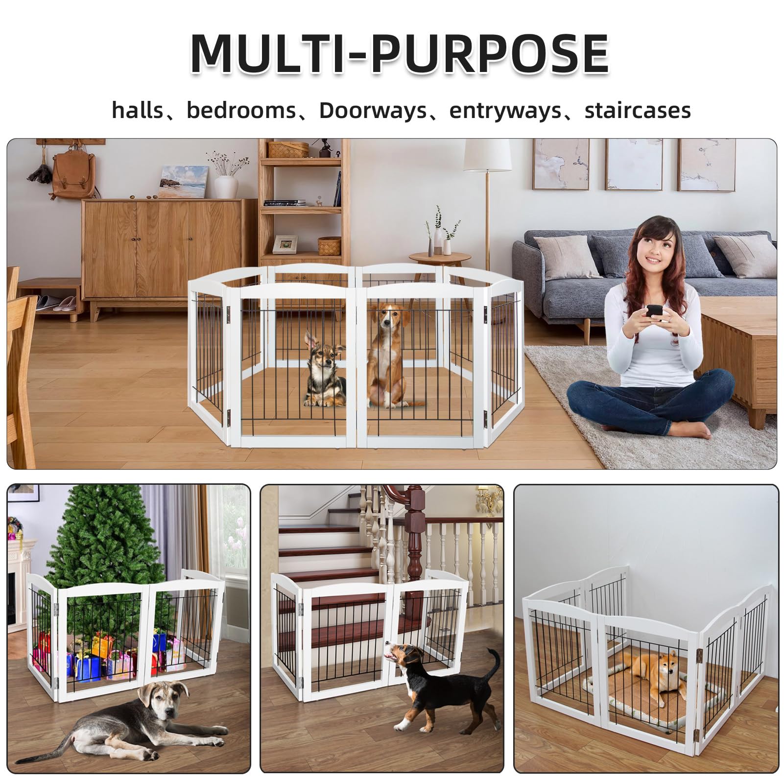 Freestanding Foldable Dog Gate - Extra Wide White Puppy Gate for Stairs & Doorways - Tall 4 Panel Wooden Pet Fence - Perfect for Indoor & Outdoor Use, Home Safety Barrier for Dogs & Pets