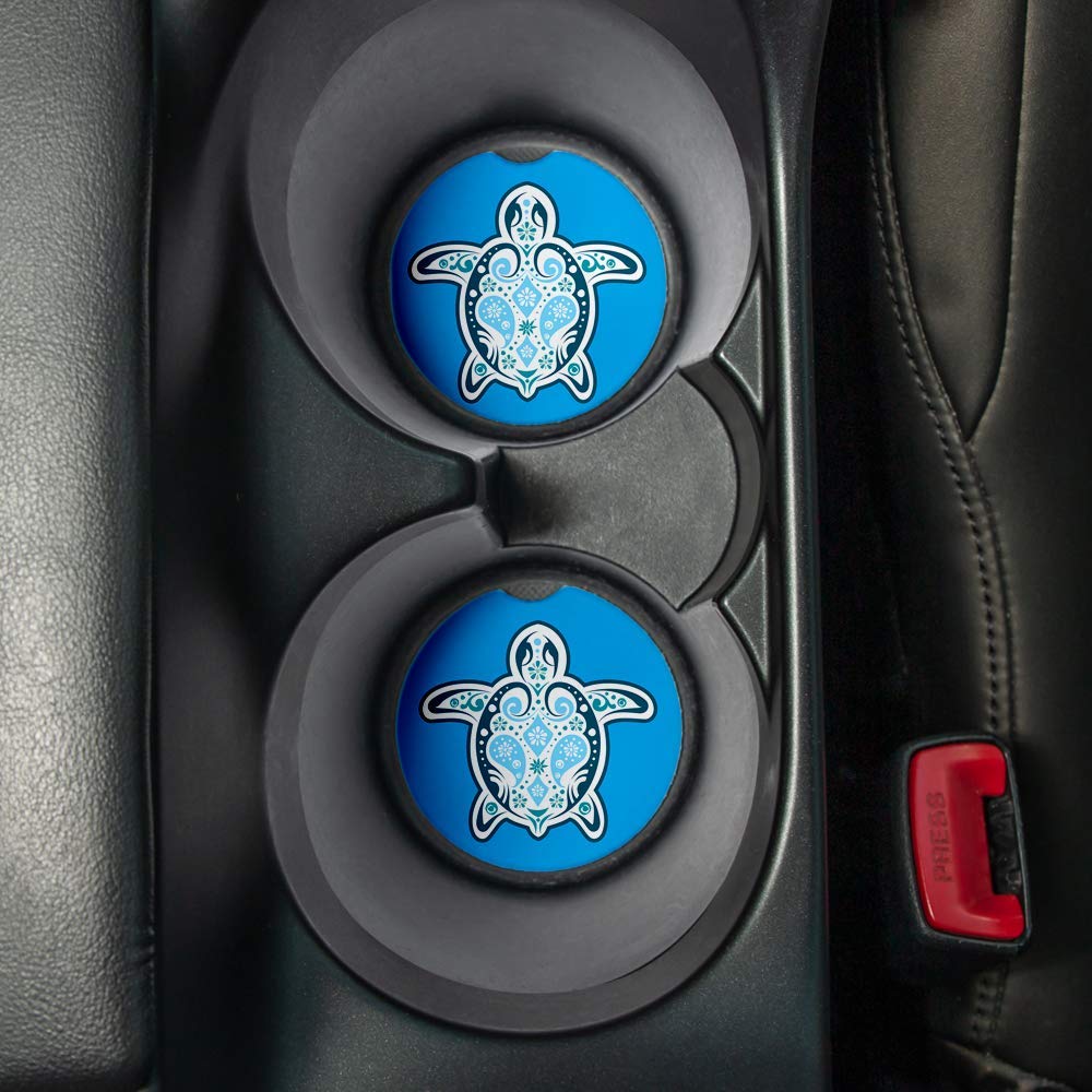 Blue Sea Turtle Car Coasters Set of 2 - Absorbent Drink Coasters with Non-Slip Rubber Backing (2.56 Inches) - Perfect Car Accessories for Coffee, Soda & Beverages - Ideal for Road Trips, Commuting & Daily Driving
