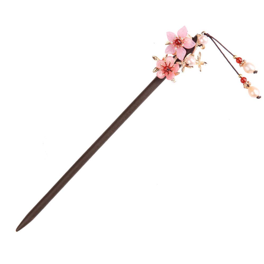 Vintage Wooden Hair Sticks with Pearl Pink Flower Dangle - Decorative Hair Chopsticks for Women with Thick Hair, Ethnic Style Hair Pins, Chinese Wooden Hair Accessories - Perfect for Weddings, Parties, and Cultural Events