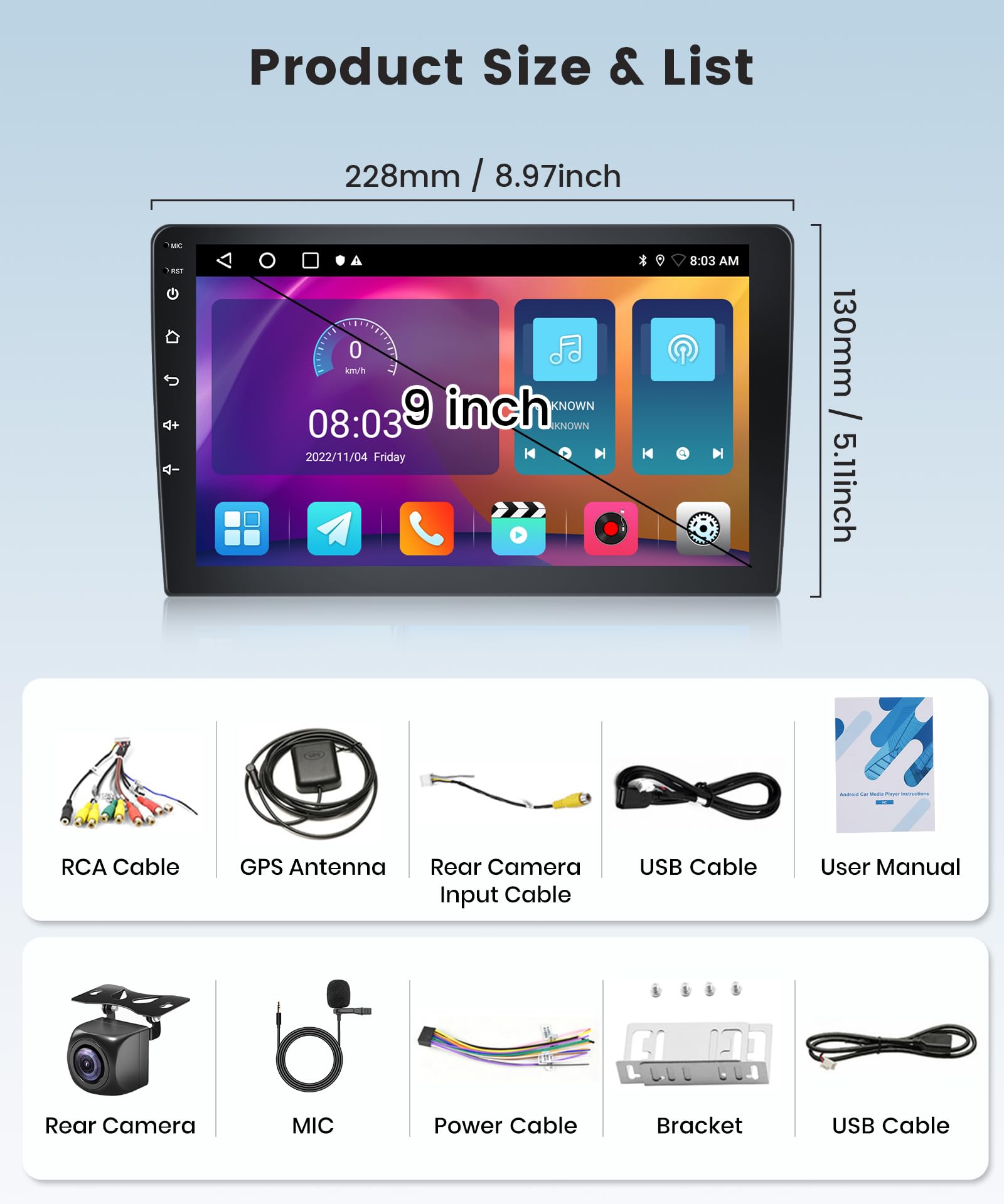 9 Inch Double Din Android Car Stereo with Wireless CarPlay & Android Auto - GPS Navigation, Bluetooth, WiFi, Touch Screen, FM Radio, USB, AHD Backup Camera - Perfect for Road Trips & Daily Commuting