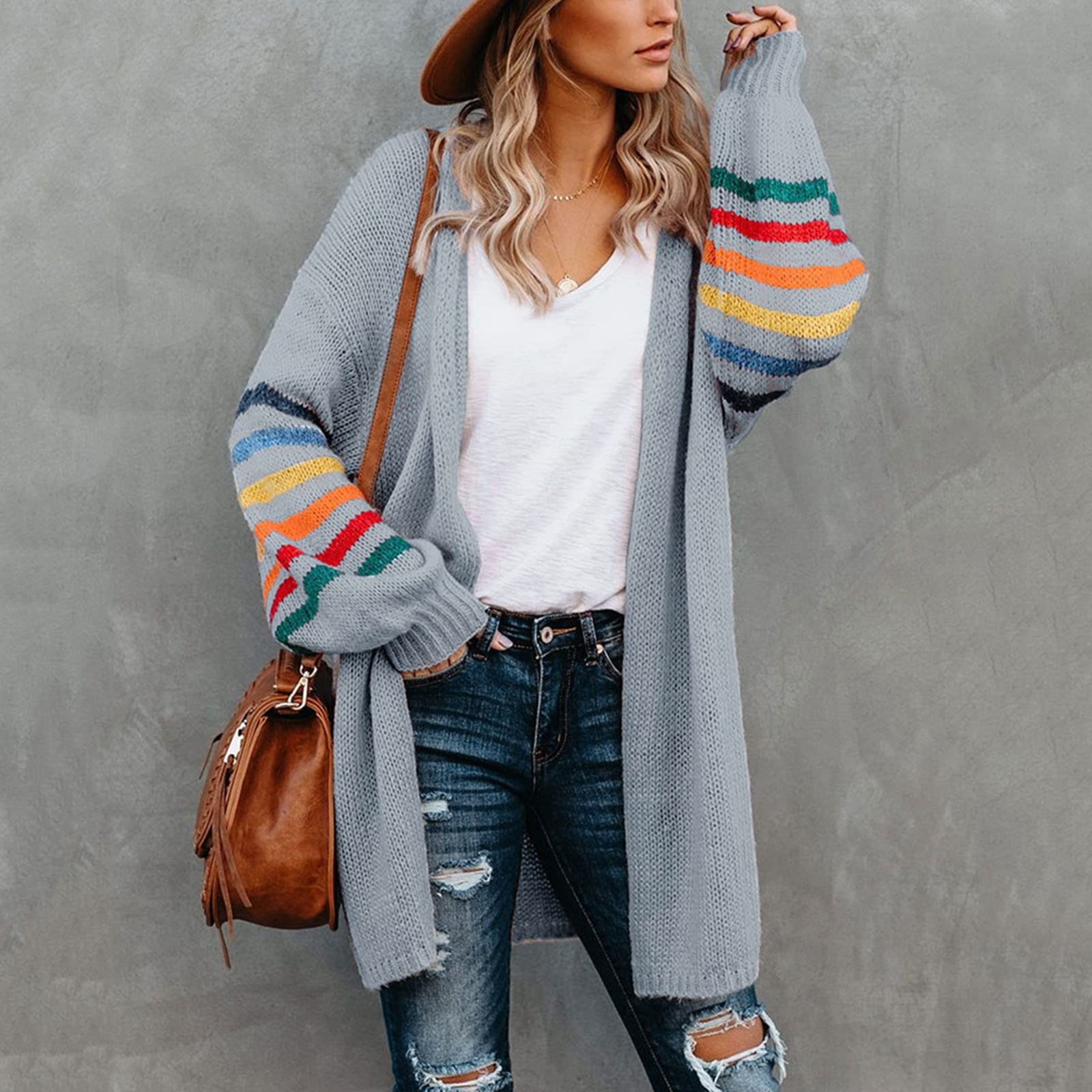 Plus Size Women's Rainbow Stripe Print Long Sleeve Open Cardigan Sweater - Warm Winter Overcoat for Women 4X - Perfect for Office, Casual Outfits & Holiday Parties