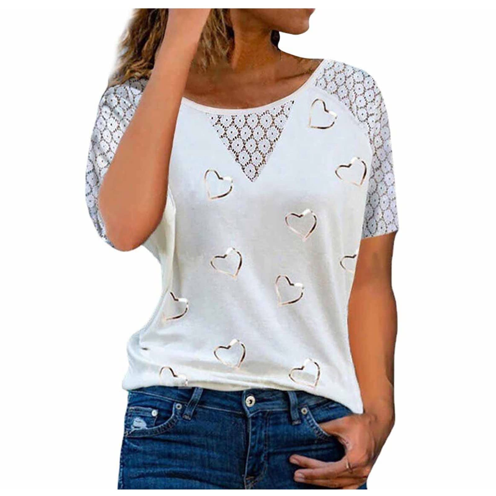 Women's Plus Size Lace Trim Tops - Elegant Short Sleeve Round Neck Blouse with Heart Print for Work & Office Wear | Casual Dressy Tees for Everyday Outfits