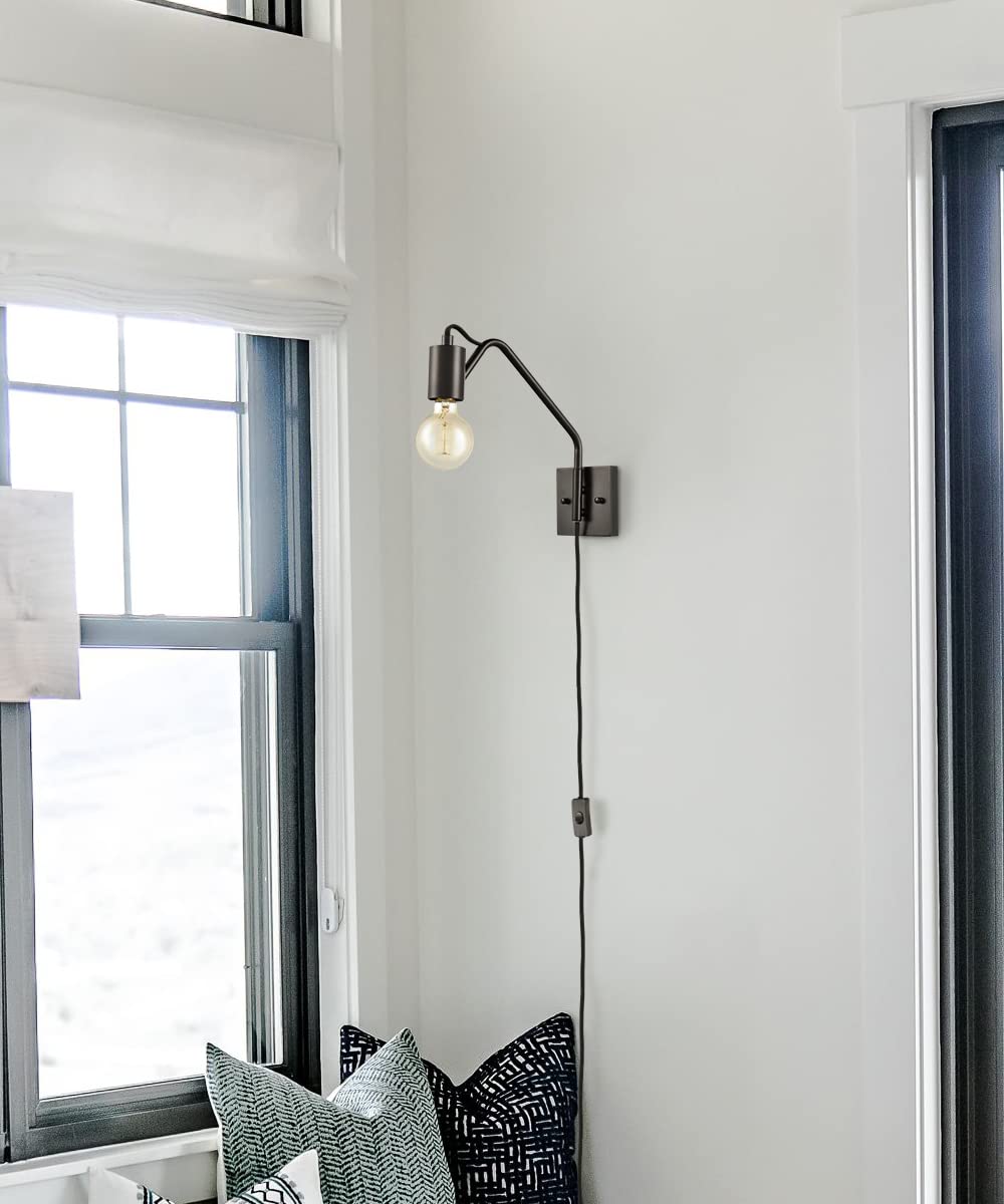 DAYCENT Farmhouse Plug-in Wall Sconces Set of 2 - Black Swing Arm Wall Lights with On/Off Switch - Rustic Wall Lighting Fixtures for Bedroom, Living Room, Hallway & Dining Room - Perfect for Reading Nook and Cozy Home Decor