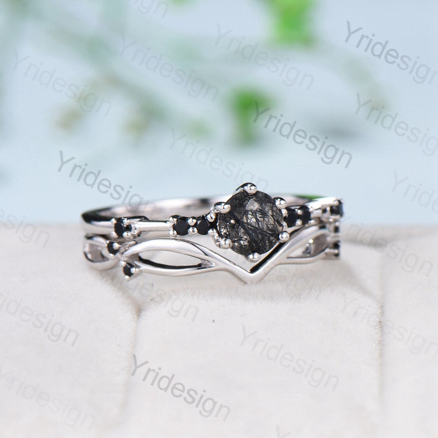 Elegant Black Rutilated Quartz Engagement Ring Set - Minimalist Spinel Wedding Band for Women - Art Deco Bridal & Anniversary Jewelry - Promise Ring Gift for Her - Perfect for Proposals, Weddings & Special Occasions