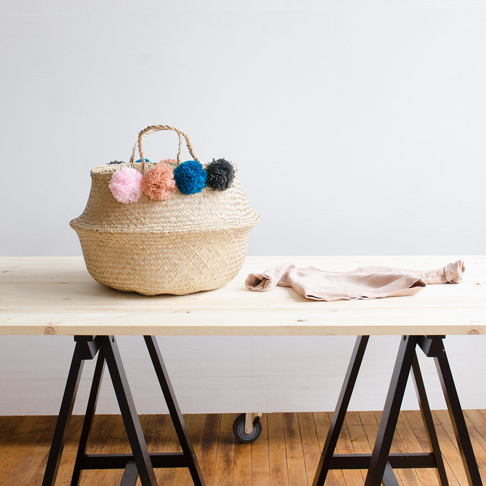 Rudy Pom Pom Belly Basket - Handwoven Decorative Storage Bin for Home Organization | Perfect for Living Room, Nursery, or Bathroom
