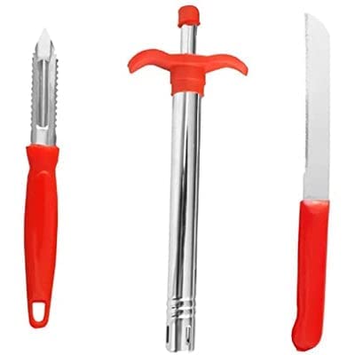 Premium Stainless Steel Gas Lighter & Peeler Knife Set (3-Piece) - Rustproof, Durable & Ergonomic Grip - Perfect for Camping, BBQ, Kitchen & Outdoor Adventures - Red