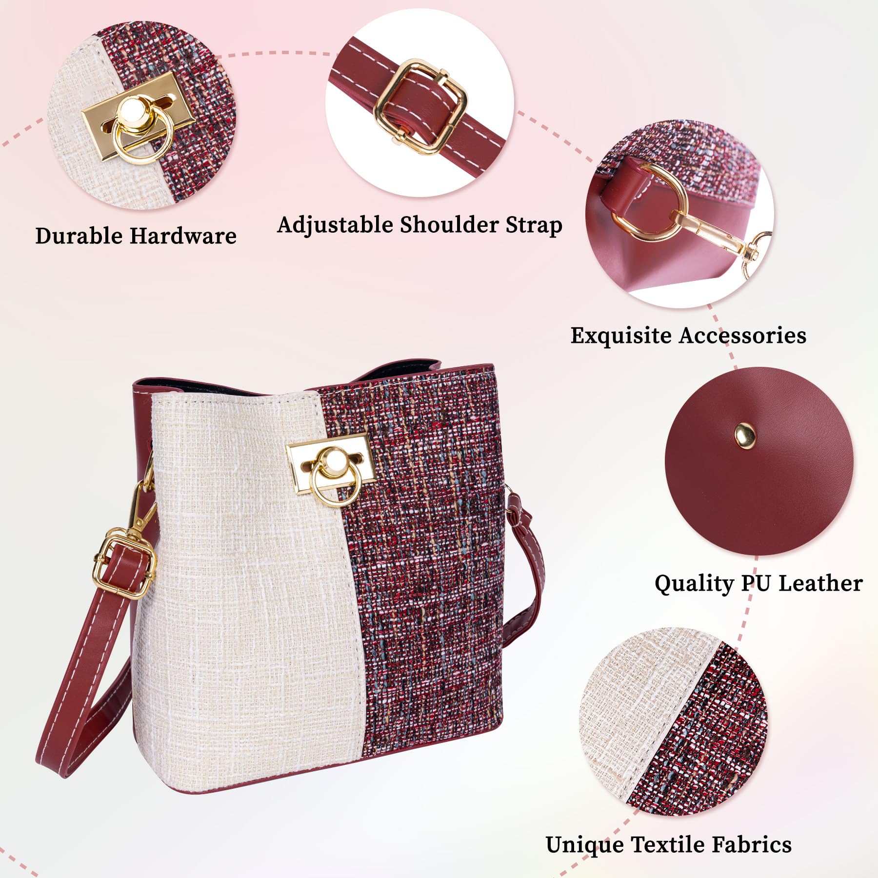 Trendy Larcenciel Crossbody Bags for Women - Stylish Bucket Purse with Multiple Pockets, Burgundy Shoulder Bag for Fall | Perfect for Everyday Use, Travel & Shopping