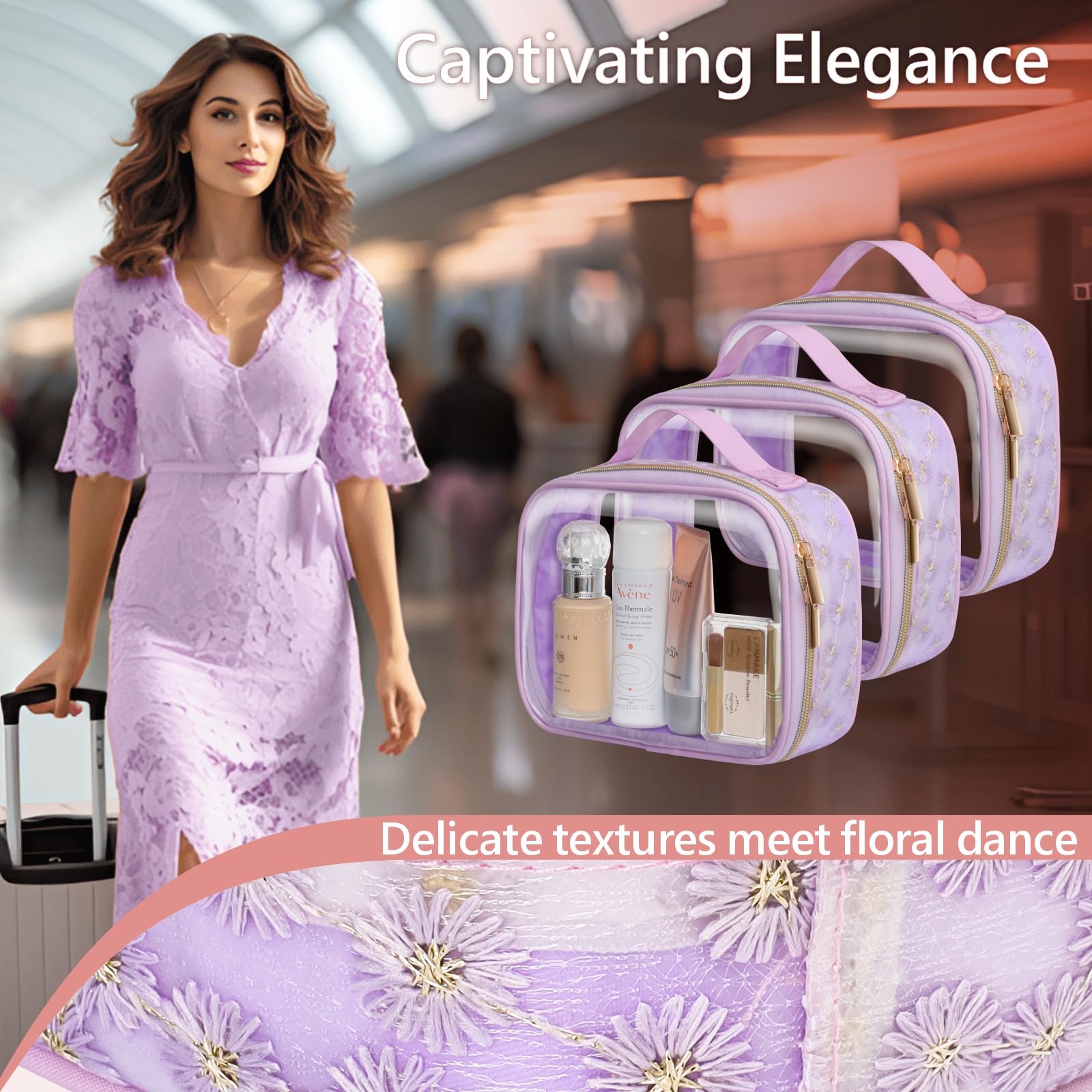 PACKISM Floral Print TSA Approved Clear Toiletry Bag - 180° Wide Opening Travel Makeup Organizer with Handle, 0.5mm Thick PVC for Liquids & Cosmetics | Perfect for Air Travel, Cruise Vacations & Gym Essentials (Purple)