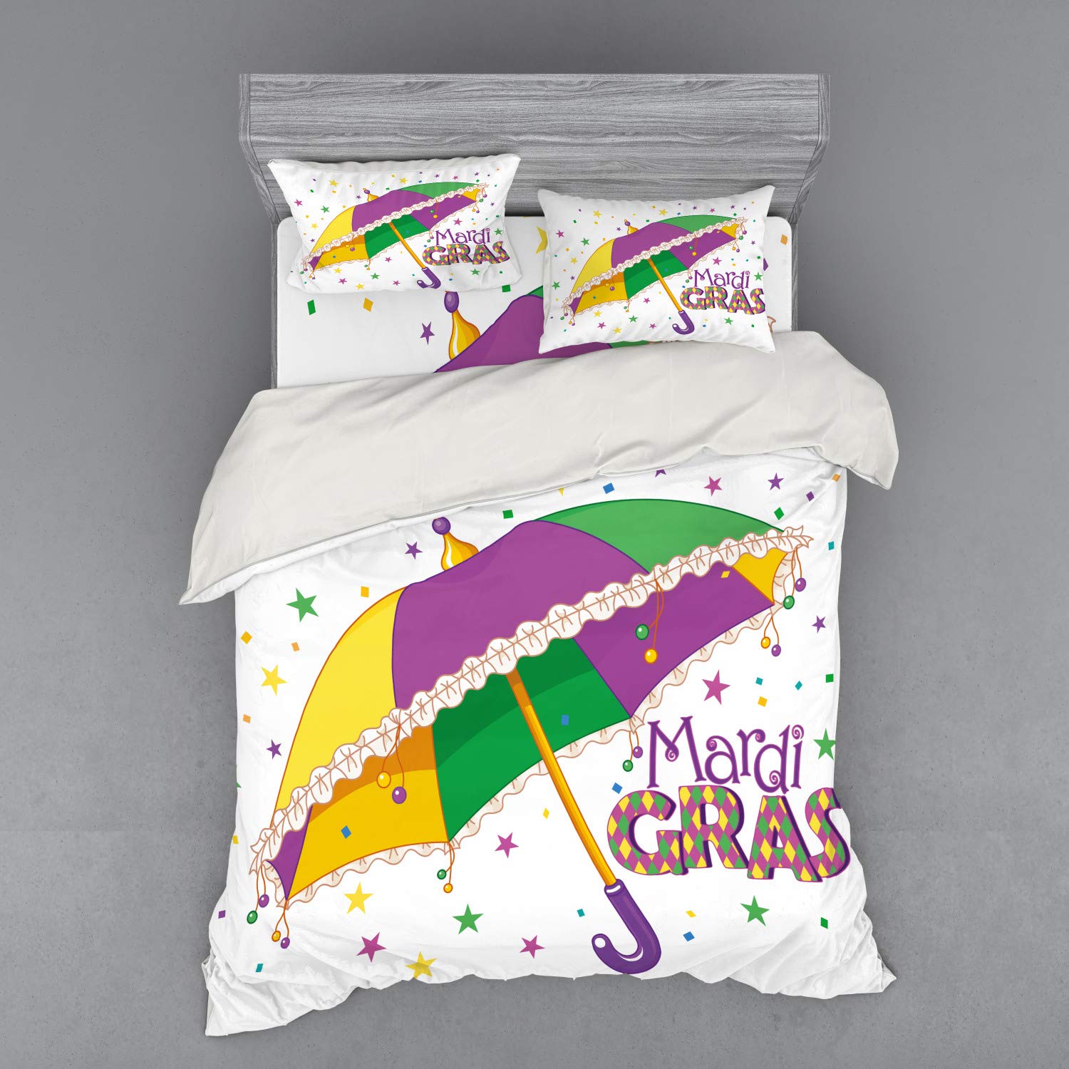 Ambesonne Mardi Gras Bedding Set - 4 Piece Duvet Cover Set with Pillow Shams & Fitted Sheet, Queen Size, Vibrant Purple Yellow Green Party Design with Umbrella & Stars Pattern - Perfect for Carnival Celebrations, Themed Bedrooms & Festive Home Decor