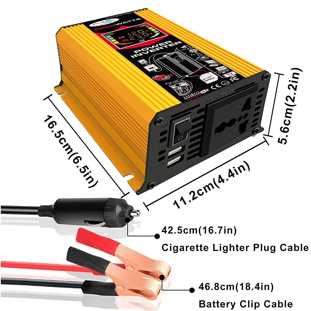 6000W Pure Sine Wave Power Inverter DC 12V to AC 110V/220V Converter with LCD Display, Dual USB Ports & Battery Clips - Perfect for RVs, Boats, Camping & Emergency Power Backup