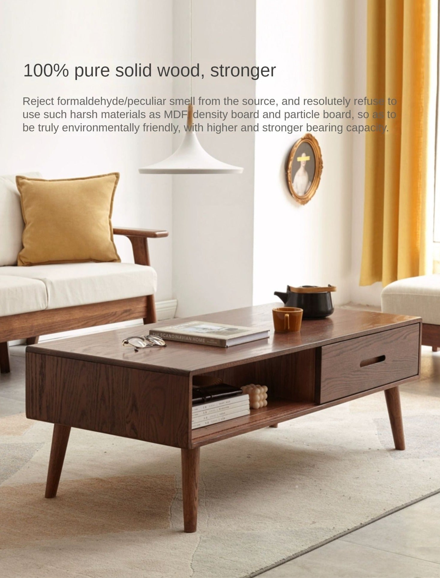 Solid Oak Wood Two-Drawer Coffee Table - Walnut Finish | Rustic Living Room Furniture for Home Decor & Storage
