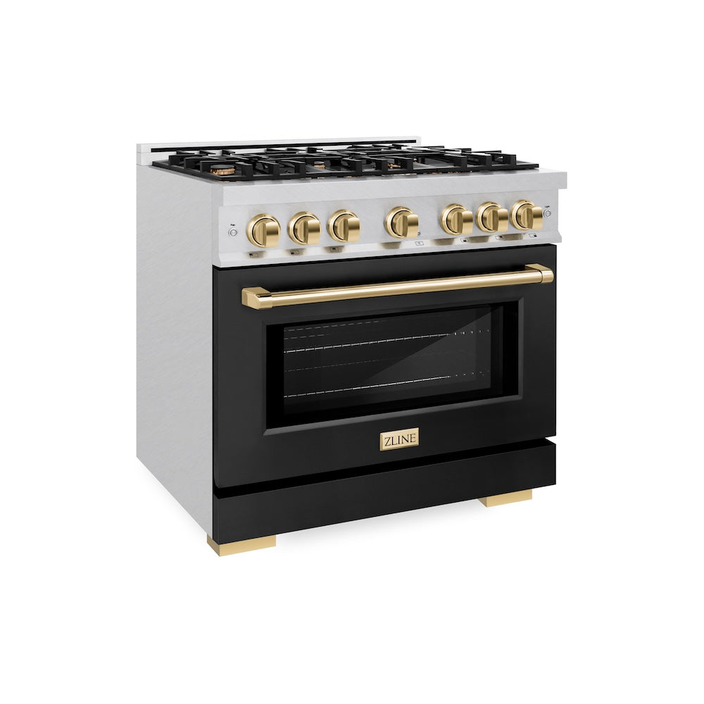 ZLINE Autograph Edition 36 Inch 5.2 Cu Ft Gas Range with 6 Burner Cooktop & Convection Oven - Satin Stainless Steel with Black Matte Door & Gold Accents (HGRSZ BLM 36 G) - Perfect for Modern Kitchens, Home Chefs & Professional Style Cooking