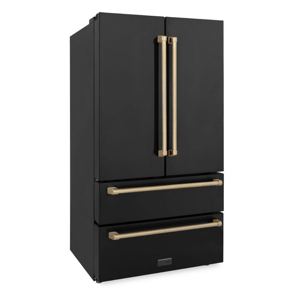 ZLINE Autograph Edition 36-inch Black Stainless Steel Kitchen Package - Dual Fuel Range, Range Hood, Dishwasher & Refrigerator with Internal Water Dispenser & Champagne Bronze Accents (4AKPR RABRHDWV36 CB) | Premium Kitchen Appliances for Modern Homes & Gourmet Cooking