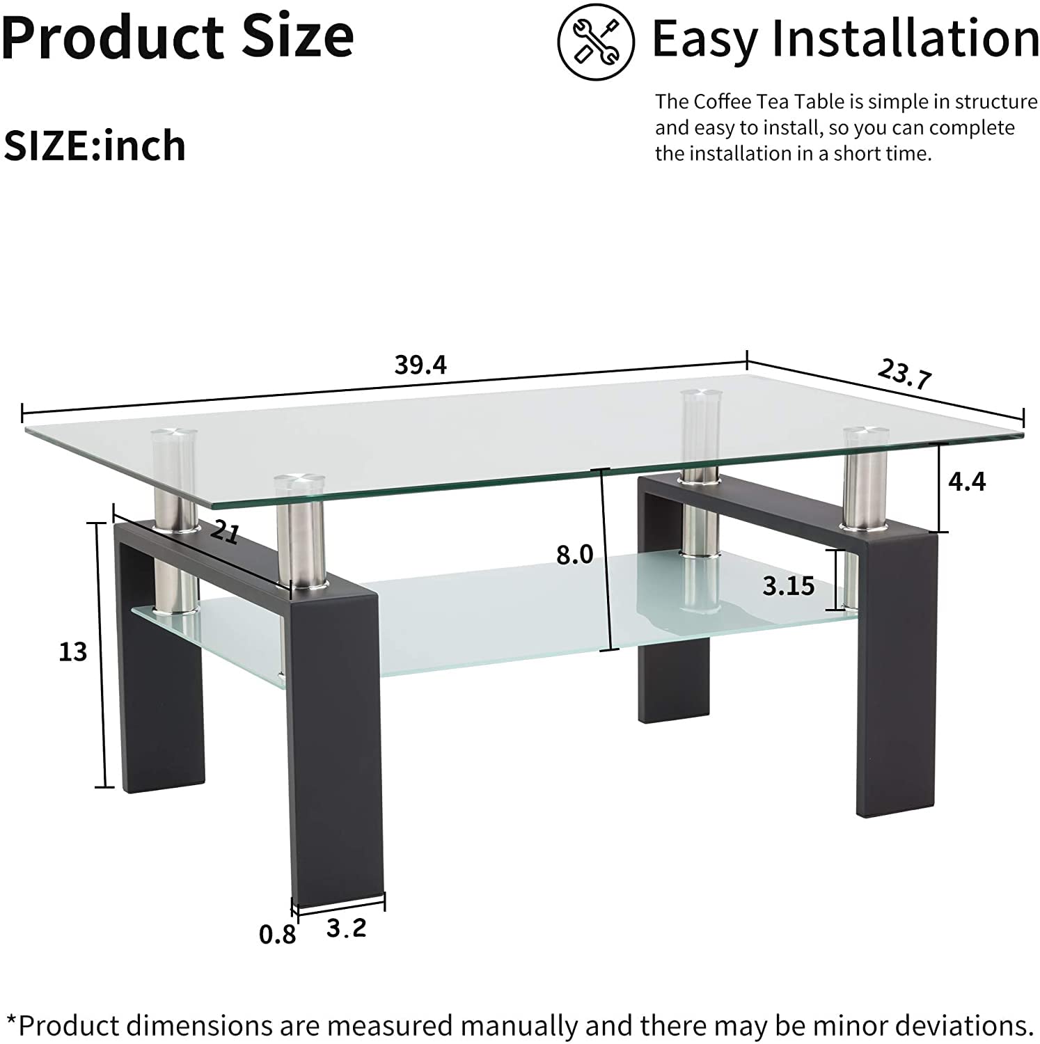 Modern Rectangle Glass Coffee Table with Lower Shelf - Metal Legs, Black - Perfect for Living Room, Lounge, and Conversation Areas