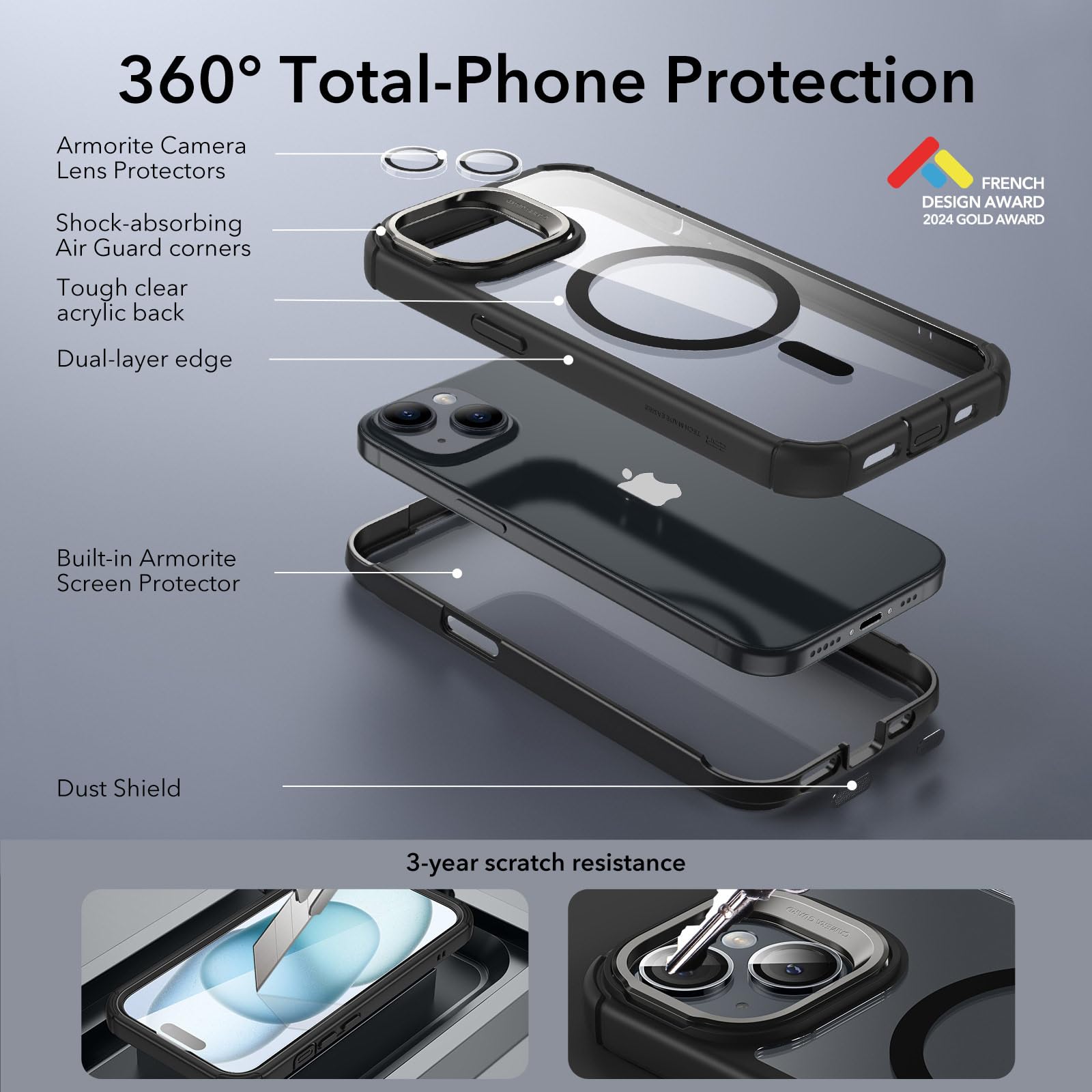 ESR for iPhone 15 Plus Case - Military-Grade Shockproof MagSafe Case with Stand | Clear Black Armor Series | Perfect for Outdoor Adventures, Work & Travel Protection