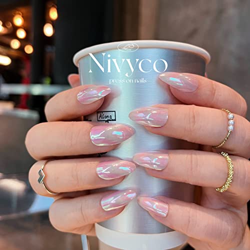 Medium Almond Press on Nails - Light Pink Glitter Galaxy Fake Nails | Short Stiletto Acrylic False Nails with Shimmer Finish | Reusable Gel Nails for Women (24Pcs) - Perfect for Wedding, Party & Autumn Nail Art