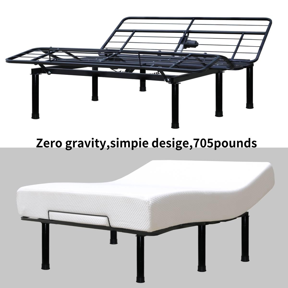 Adjustable Bed Frame with Head and Feet Tilt - Zero Gravity Position, Wireless Remote Control, Quiet Motor, Supports 705 lbs - Queen Size Black - Perfect for Back Pain Relief, Reading & Watching TV in Bed