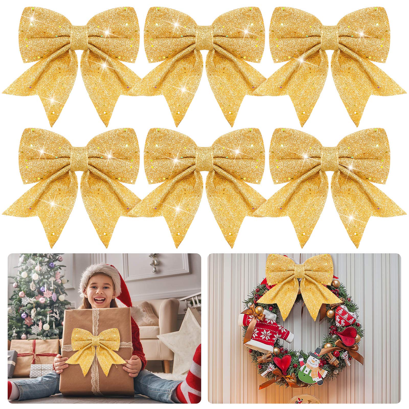 WILLBOND 6-Pack 7.2 Inch Gold Glitter Christmas Bows - Premium Holiday Ribbon Bows for Wreaths, Gifts, Tree Decorations & Party Decor - Perfect for Christmas Home Decor, Gift Wrapping & Festive Celebrations