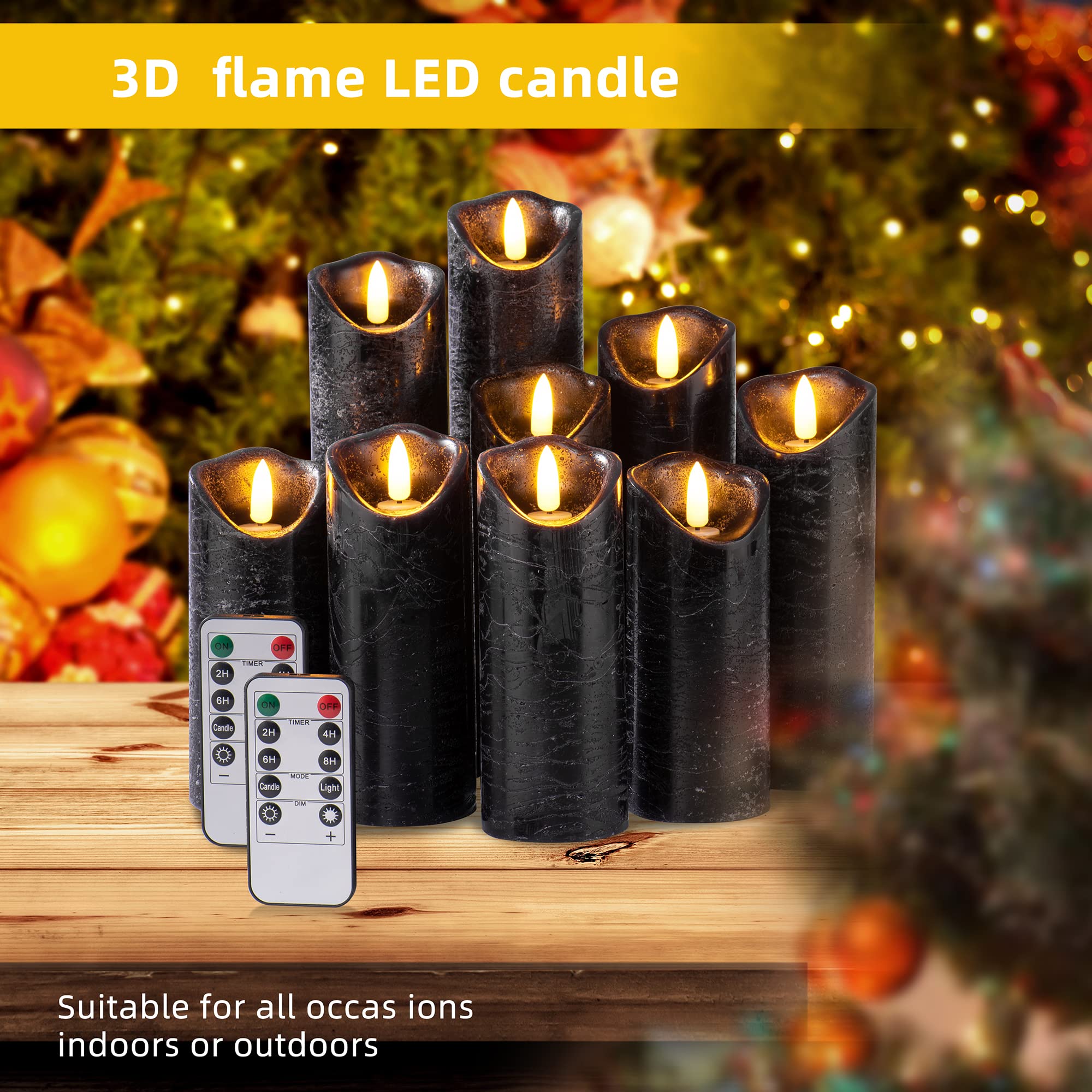 Set of 9 Black Real Wax Flameless LED Candles with Remote Control & Timer - Battery Operated Flickering Electric Candles for Wedding, Birthday, Halloween, Christmas Decorations - Perfect for Home, Party, and Holiday Ambiance