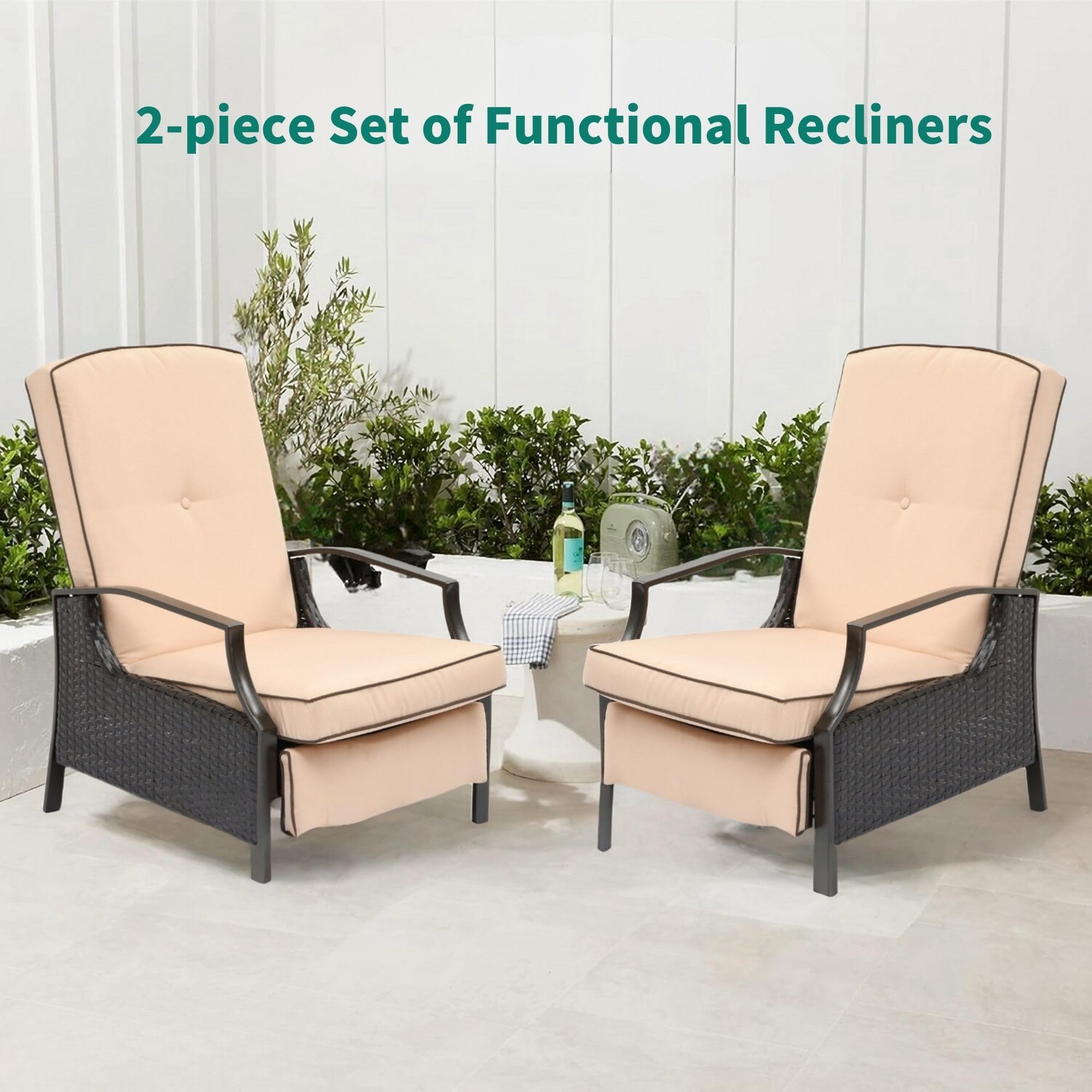 YITAHOME 2-Piece Outdoor Recliner Chair Set - Adjustable Wicker Patio Lounge Chairs with Thick Cushions & Footrest - Brown & Beige Rattan Furniture for Backyard, Poolside, and Garden Relaxation